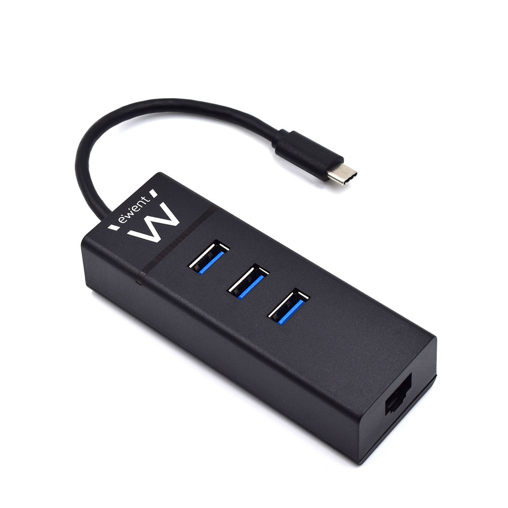 Un concentrador USB negro con tres puertos resaltados en azul, un cable negro y un conector USB-C, sobre fondo blanco.