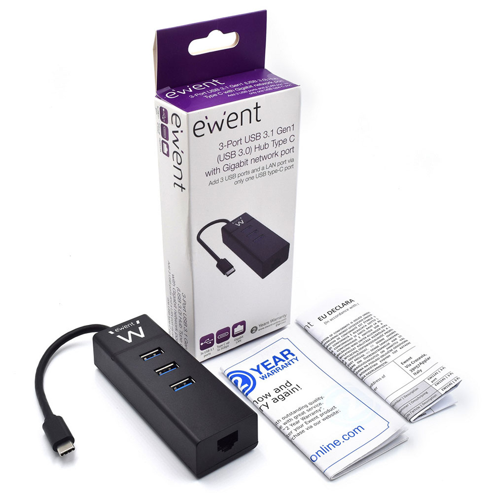 Concentrador USB negro con una caja. La caja dice 'ewent' y tiene una imagen del concentrador. Un papel de garantía está al lado.