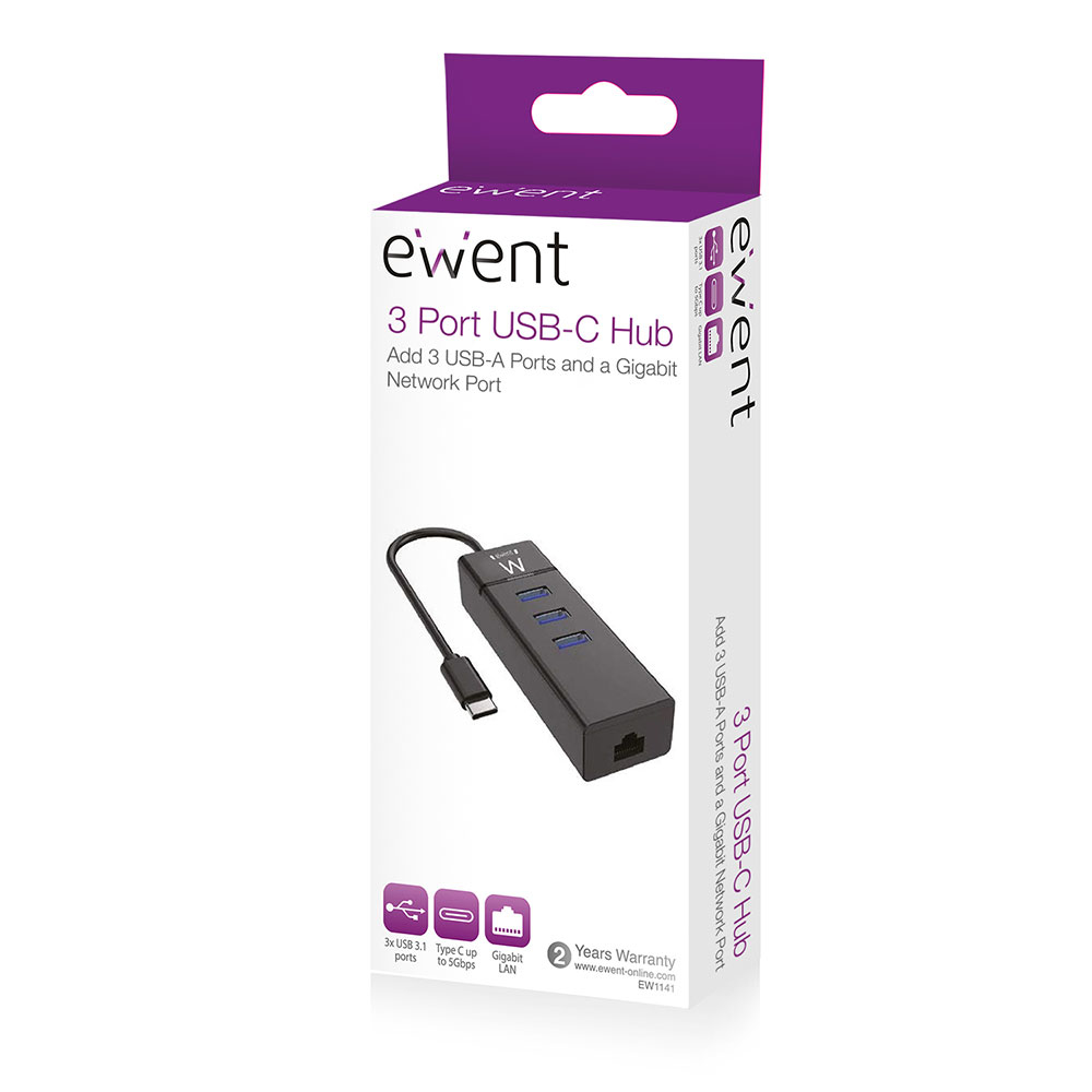 Caja de producto para un concentrador USB-C de 3 puertos. La caja es blanca y morada, con el producto exhibido. El texto incluye 'ewent' y '3 Port USB-C Hub'.
