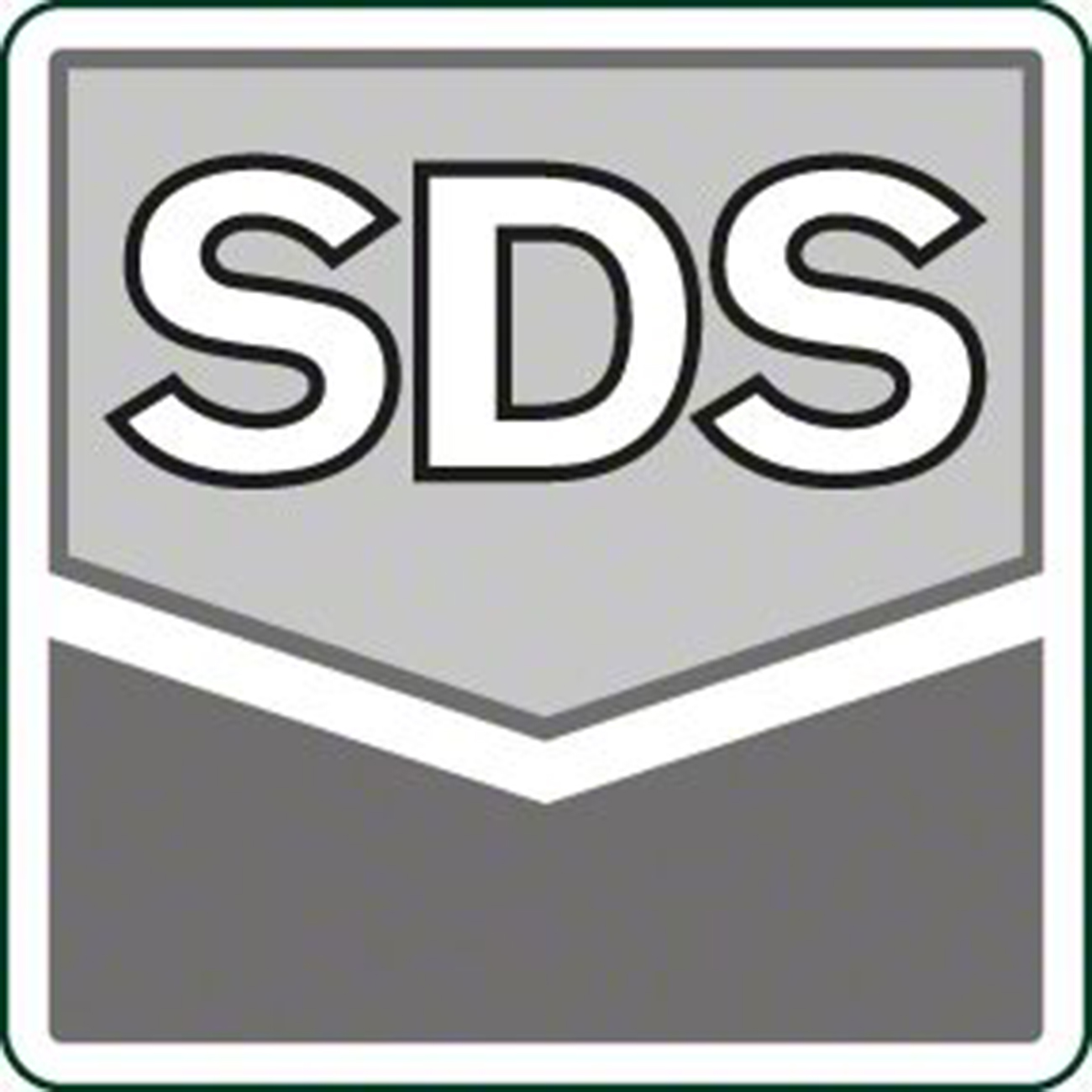 Een grijze en witte afbeelding met de letters 'SDS'. Het is een rechthoekige vorm met een donkergroene rand en een witte omtrek.