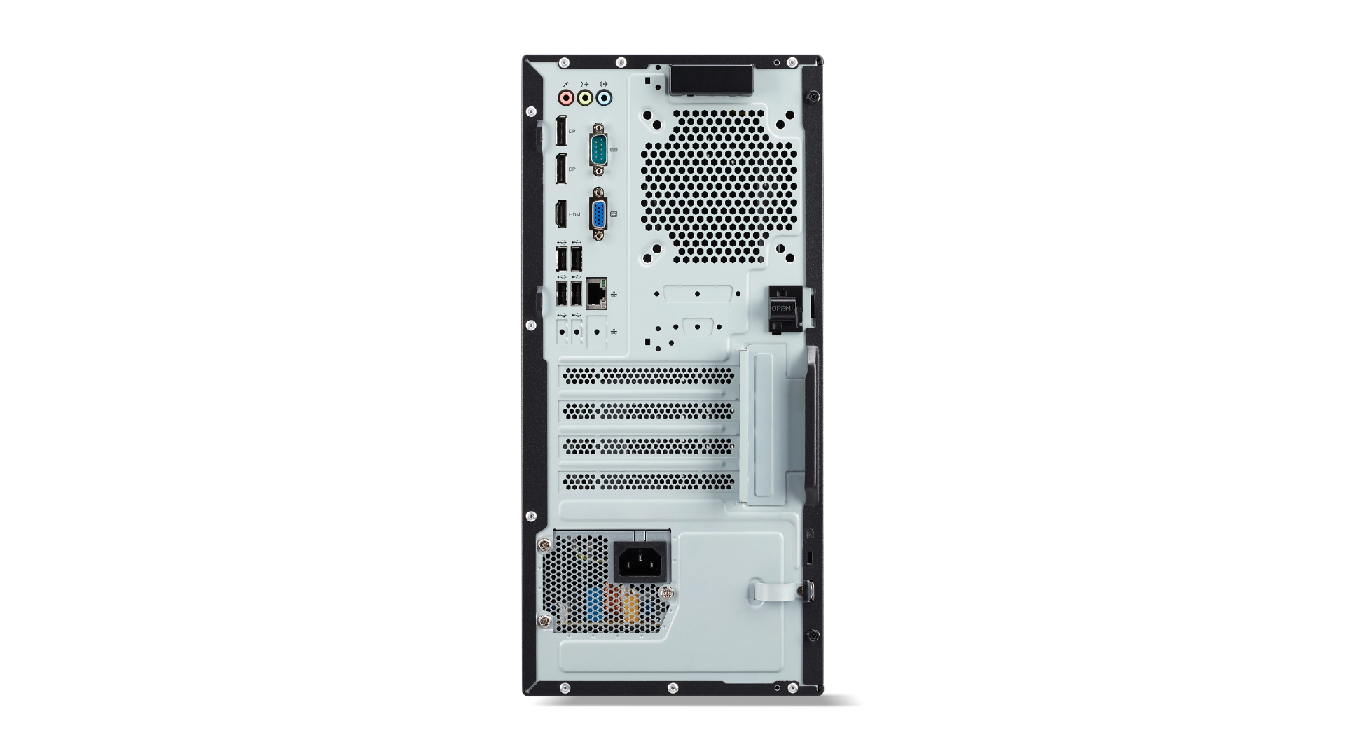 Tył czarnego i fioletowego komputera. Porty obejmują USB, audio, wideo i zasilanie. Widoczne są również otwory wentylacyjne i uchwyt.