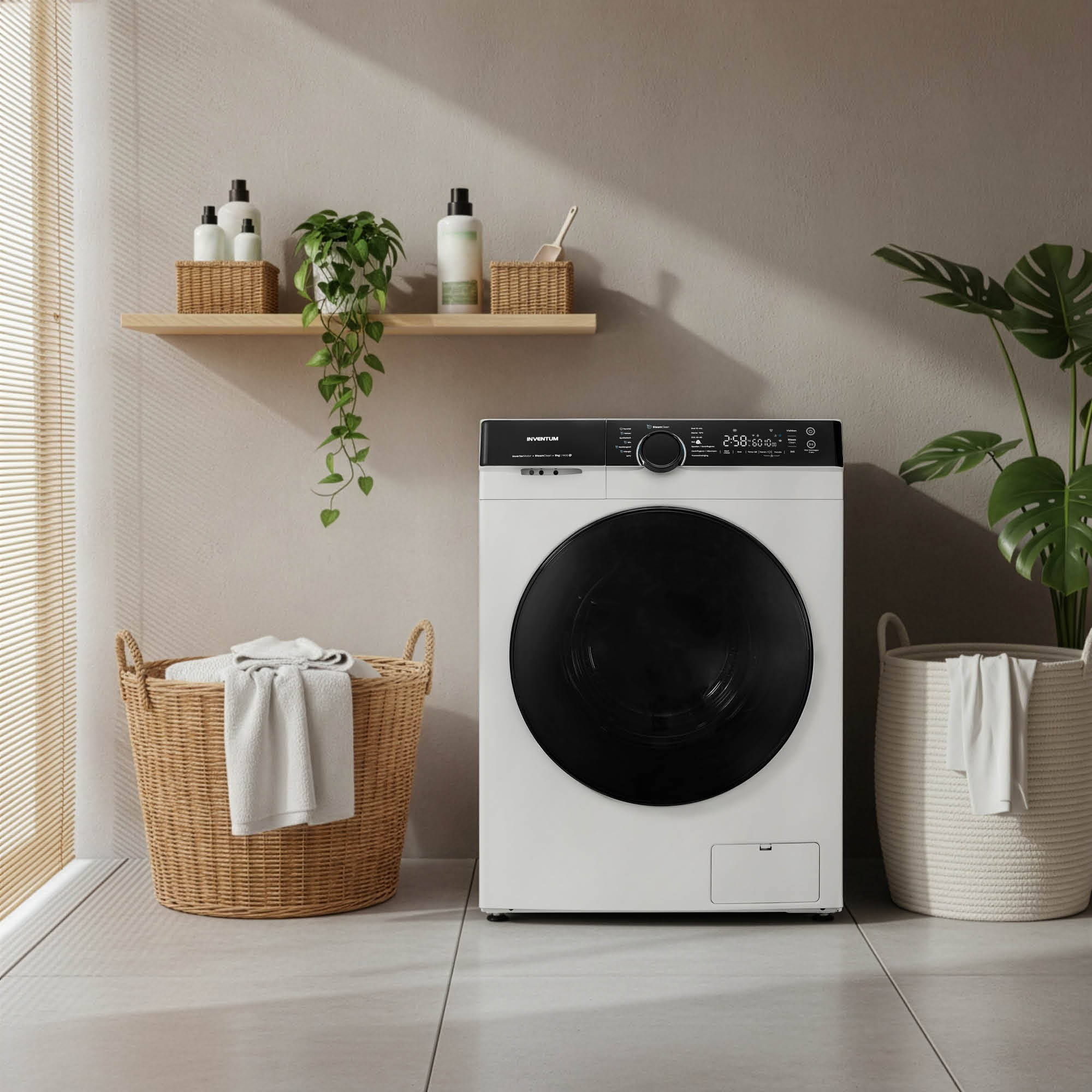 A white washing machine with a black door is in a laundry room. Baskets with towels and plants are nearby.