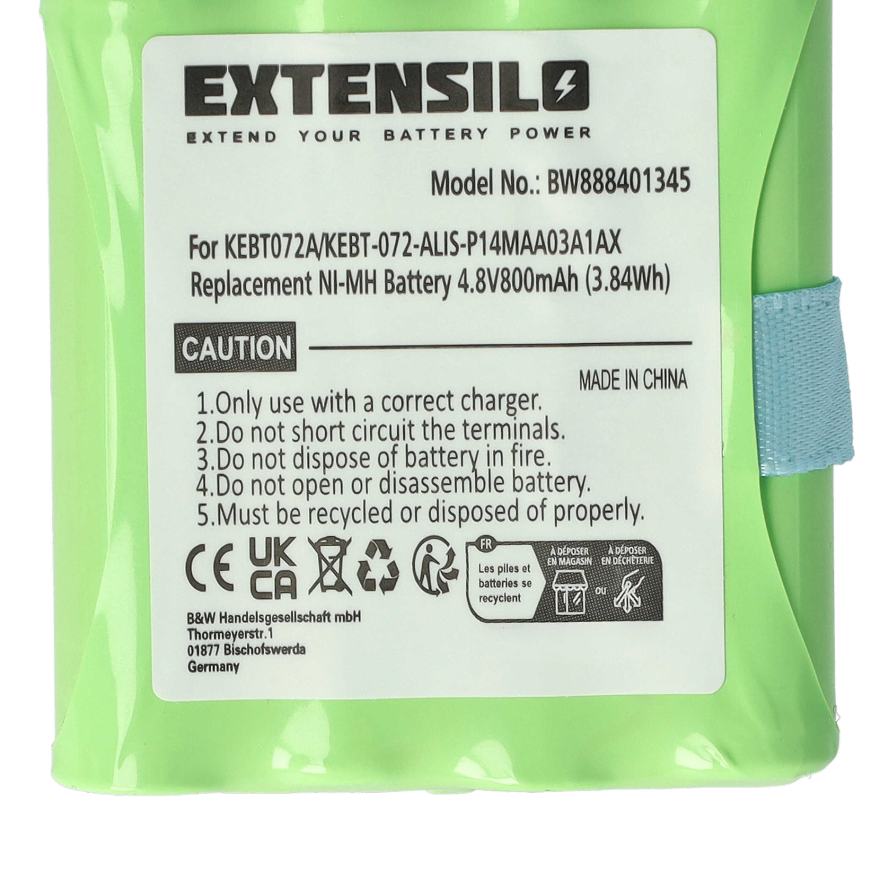 Ein grünes Batteriepaket mit schwarzem Text. Es enthält Sicherheitshinweise, recyceln-Symbole und den Markennamen EXTENSILO.