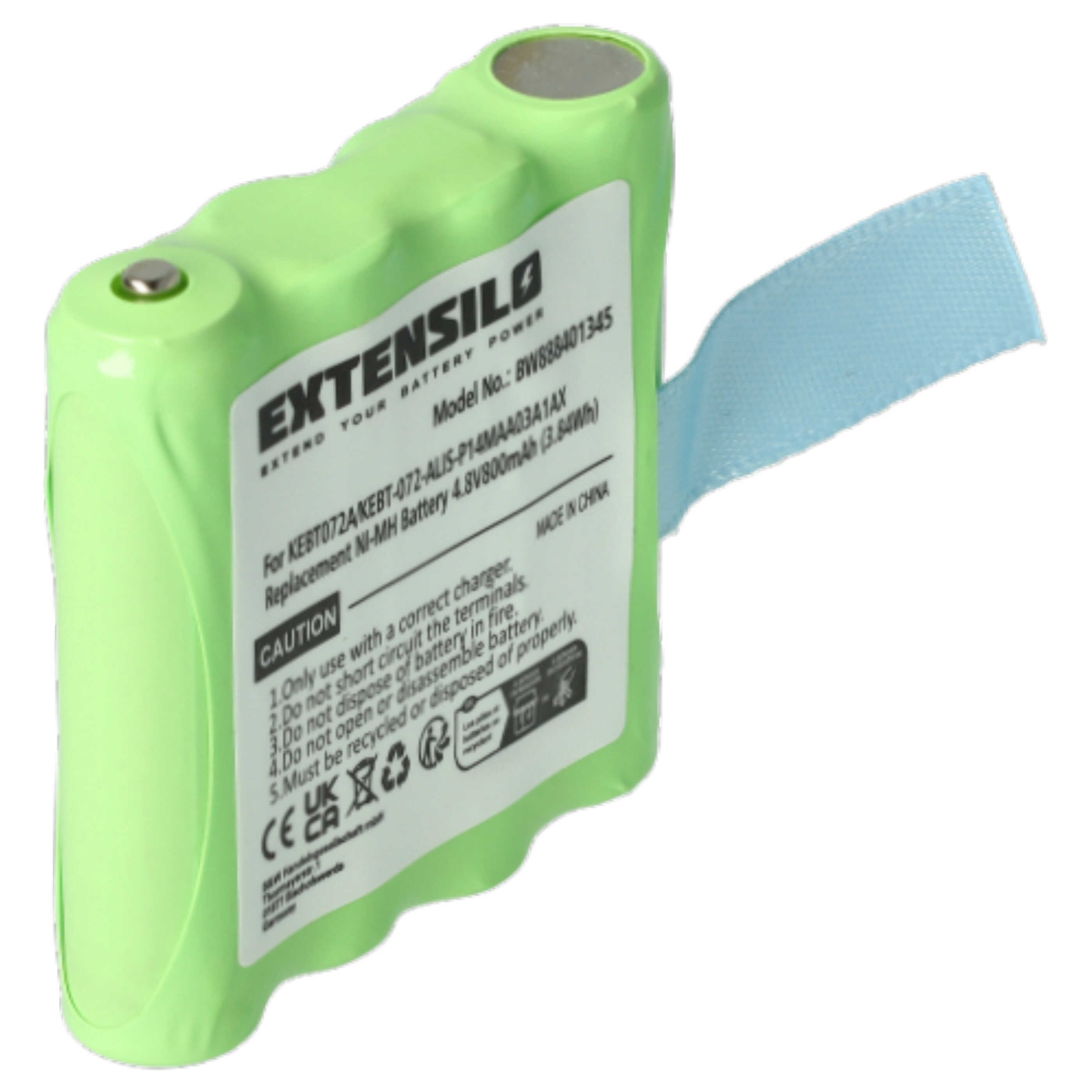 Ein grüner Akku mit blauem Band. Text enthält 'EXTENSILO' und Sicherheitshinweise. Weißer Hintergrund.