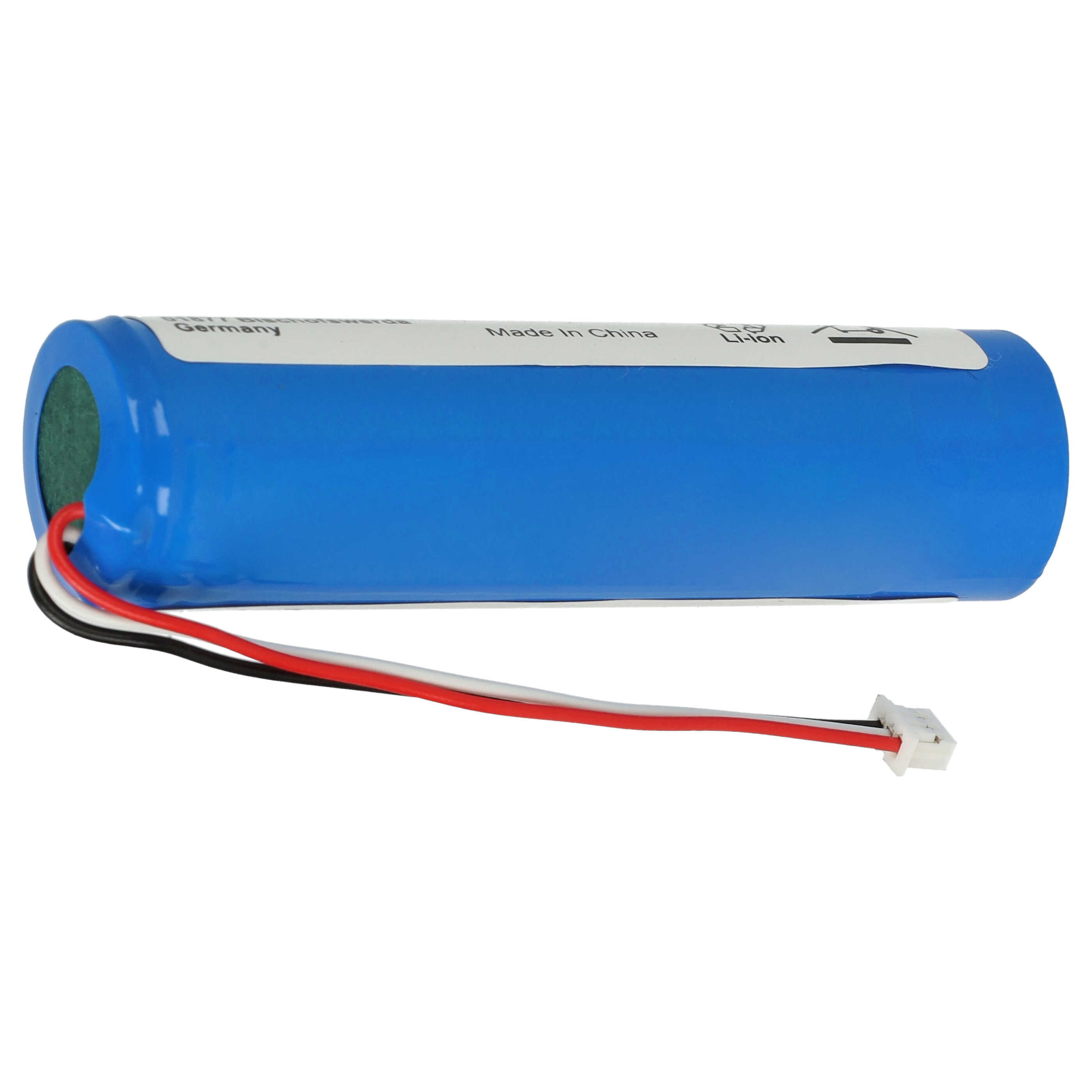 Eine blaue zylindrische Batterie mit weißem Etikett, Drähten und Stecker. Auf dem Etikett steht 'Made in China'.