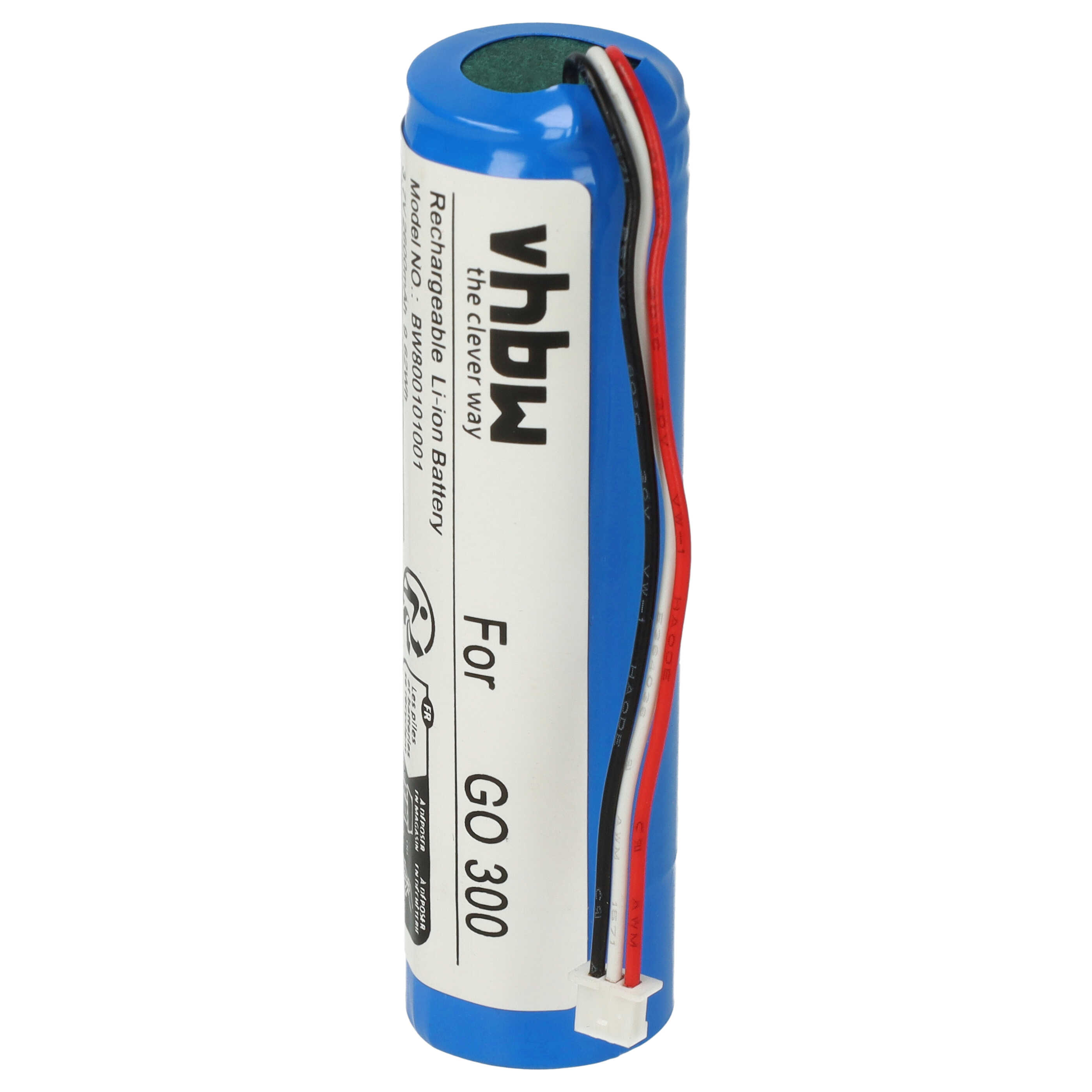 Eine blaue und weiße wiederaufladbare Li-Ionen-Batterie von vhbw mit roten, weißen und schwarzen Drähten für GO 300.