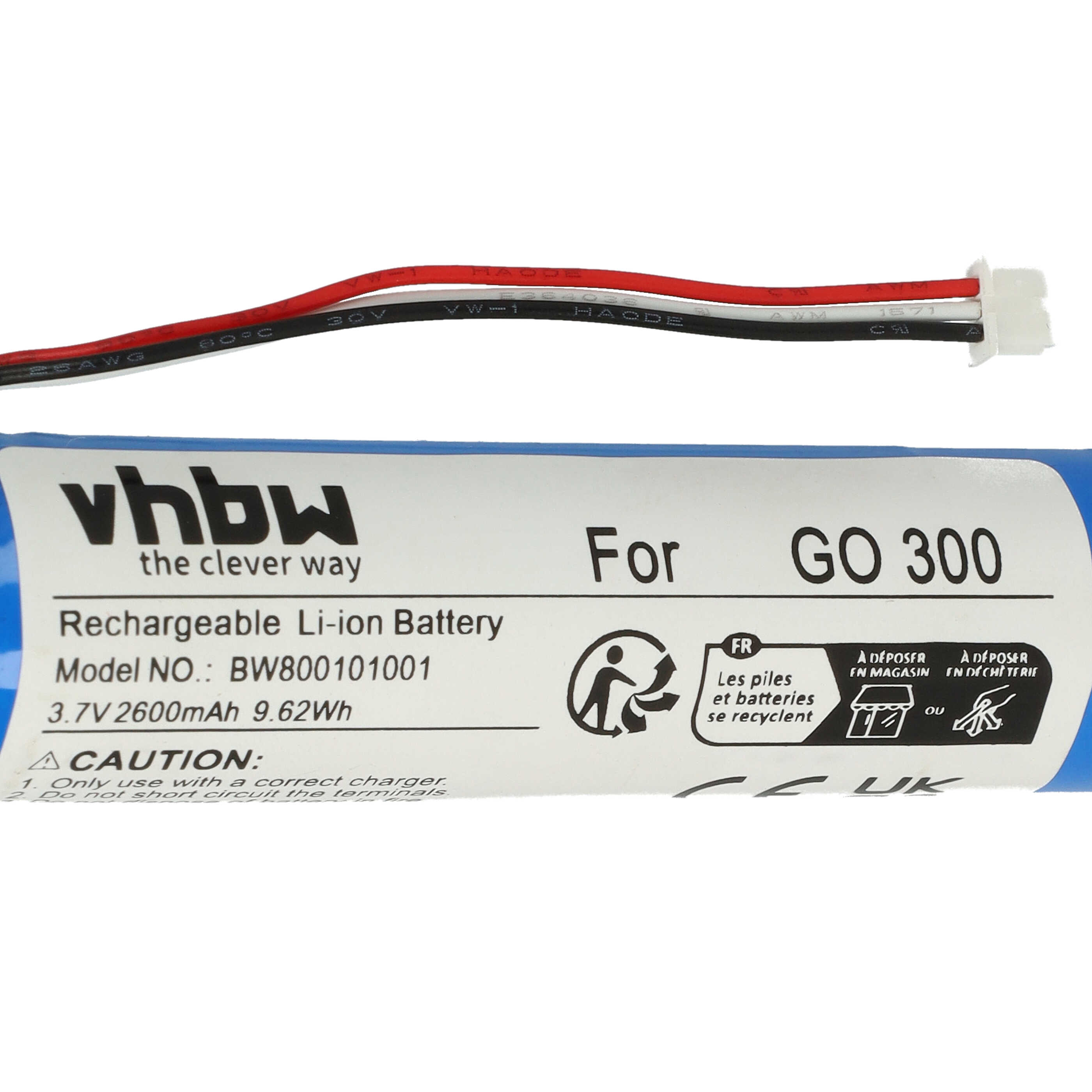 Ein Akku mit Kabeln und Stecker. Text beinhaltet 'vhbw', 'GO 300' und Recycling-Symbole.