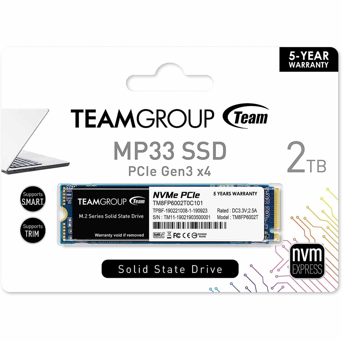 Opakowanie dysku SSD Teamgroup MP33. Pokazuje dysk SSD, markę i funkcje, takie jak NVMe PCIe i pojemność 2 TB.