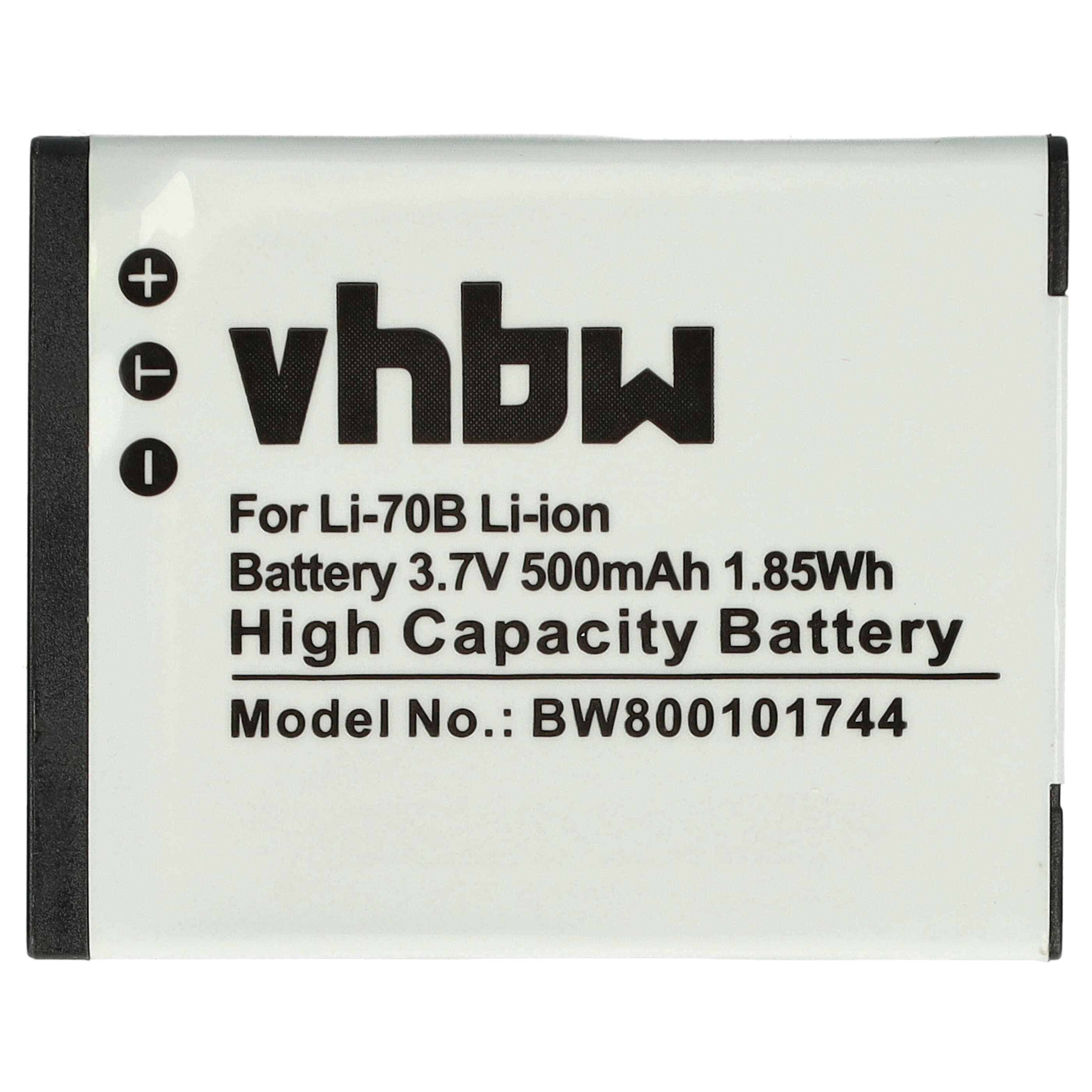 Ein weißer Akku mit schwarzem Text. Er lautet vhbw, Für Li-70B Li-ion und andere Spezifikationen. Modell-Nr.: BW800101744.