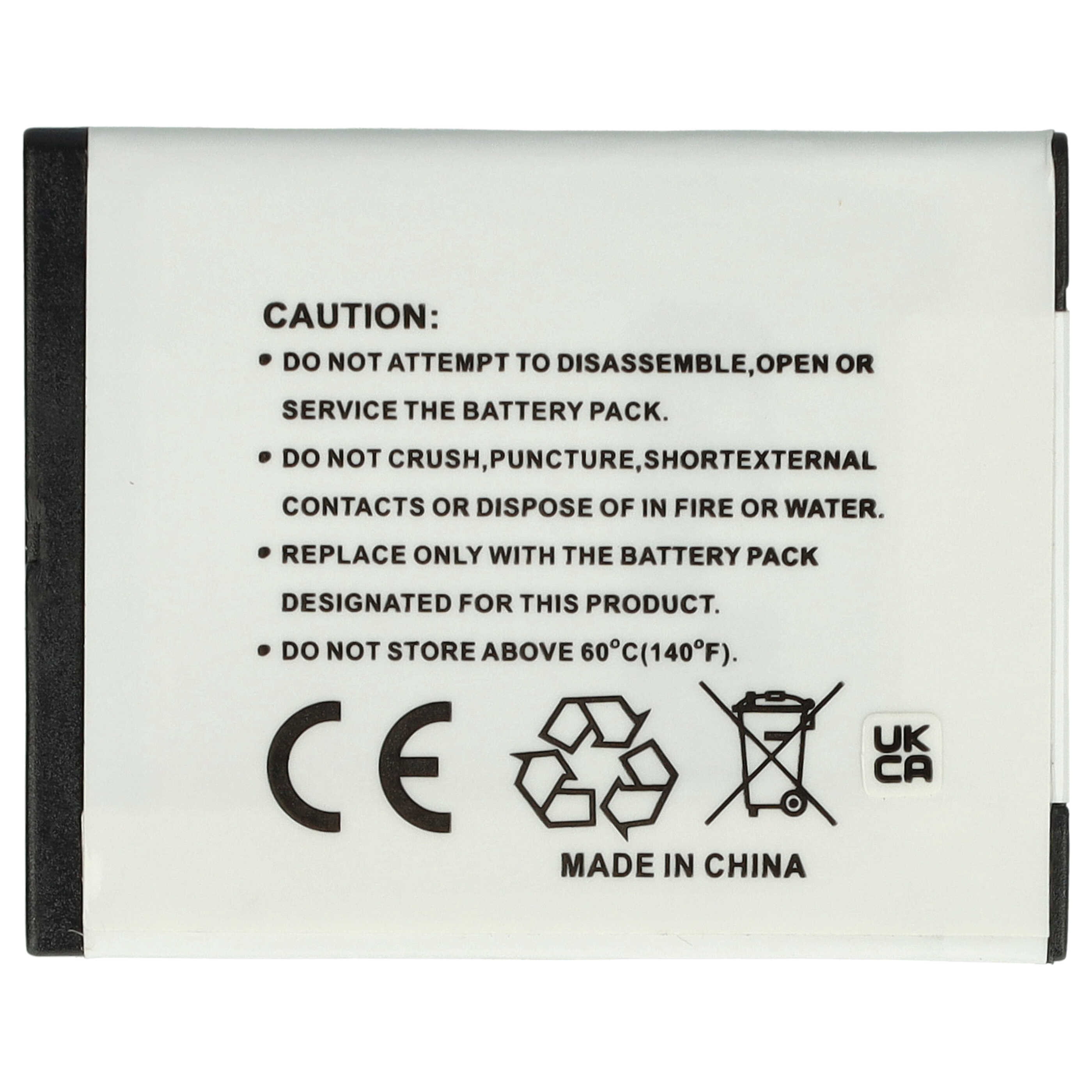 Ein weißes Akkupack mit schwarzen Rändern. Es enthält Warnhinweise, CE-Zeichen, Recycling-Symbol und UKCA-Zeichen. Hergestellt in China.