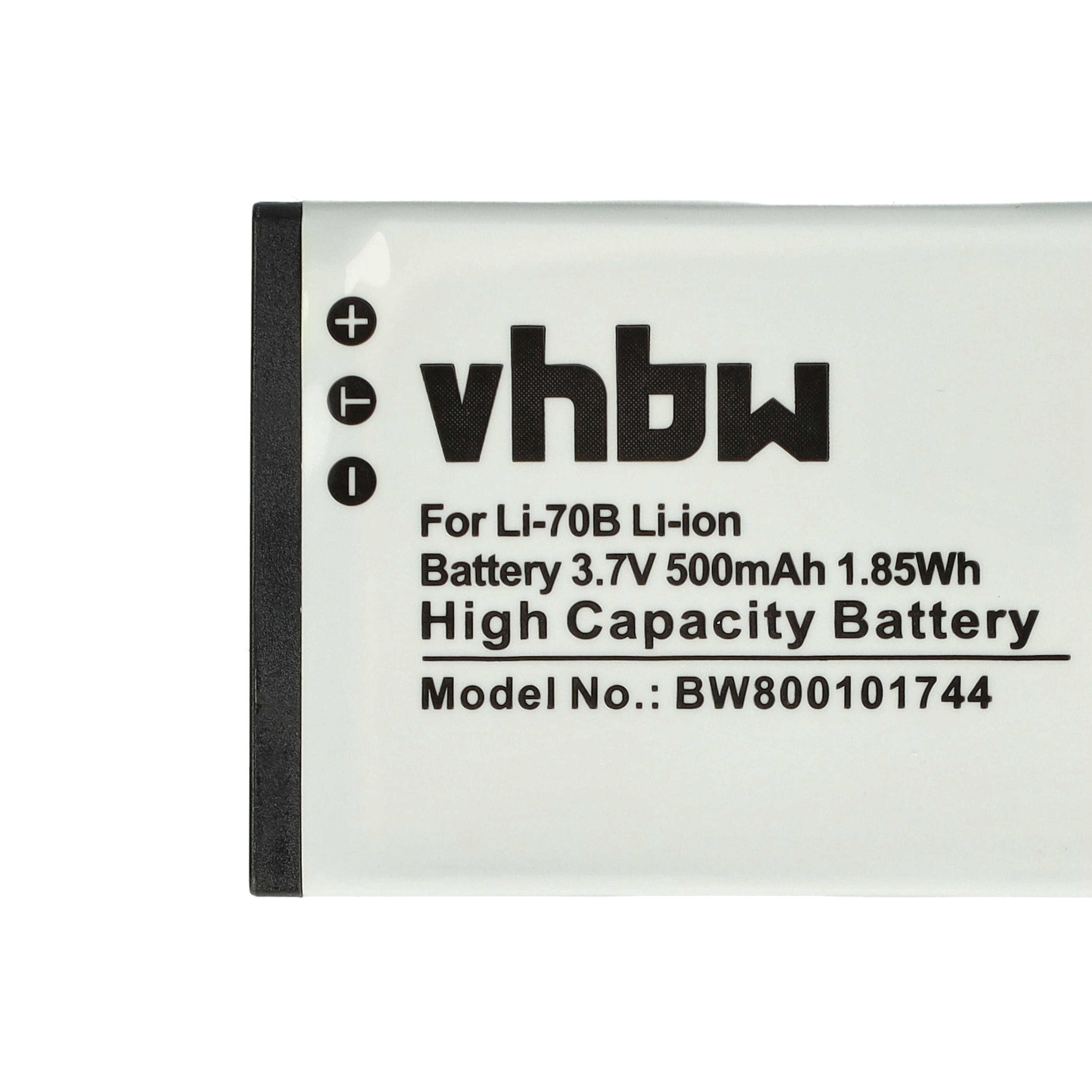 Ein weißer Akku mit schwarzem Text, darunter die Marke 'vhbw' und Spezifikationen wie 3,7 V, 500 mAh und Modellnummer BW800101744.