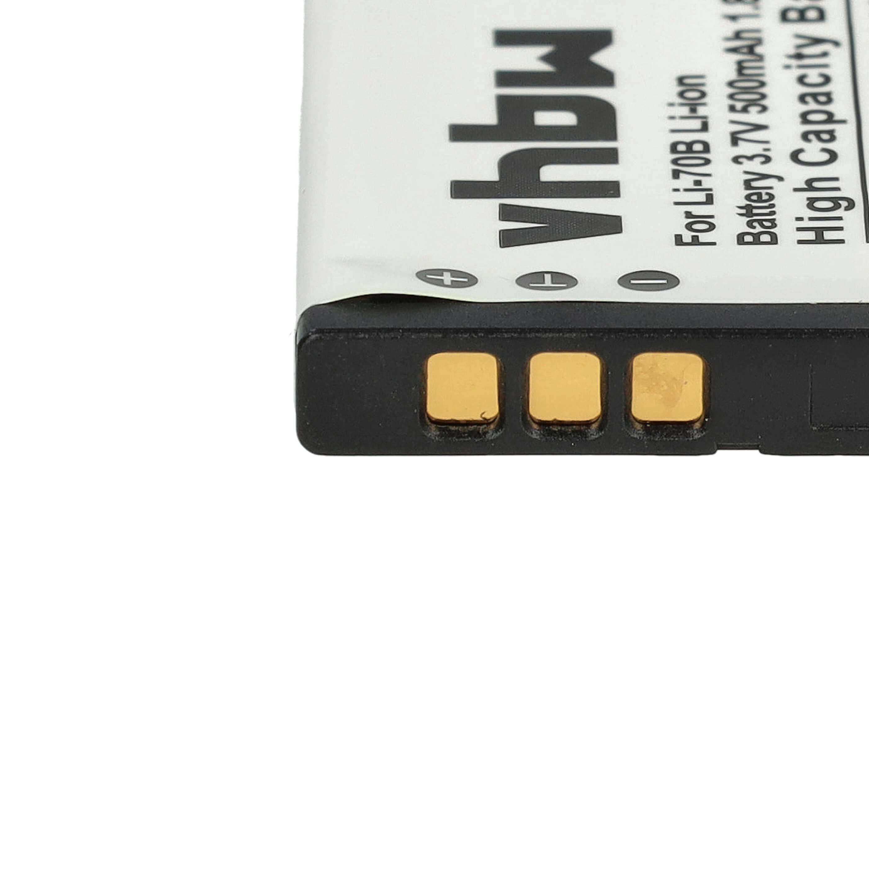 Nahaufnahme einer Batterie mit schwarzem Gehäuse und goldenen Anschlüssen. Auf dem weißen Etikett steht 'vhbw' und die Batteriespezifikationen.