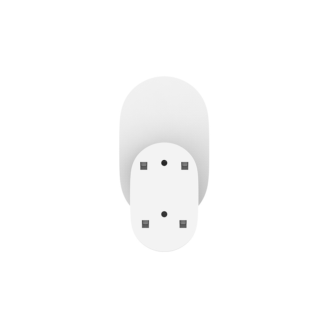 Una forma rettangolare bianca e arrotondata con un rettangolo bianco inferiore più piccolo con quattro quadrati e un punto su sfondo bianco.
