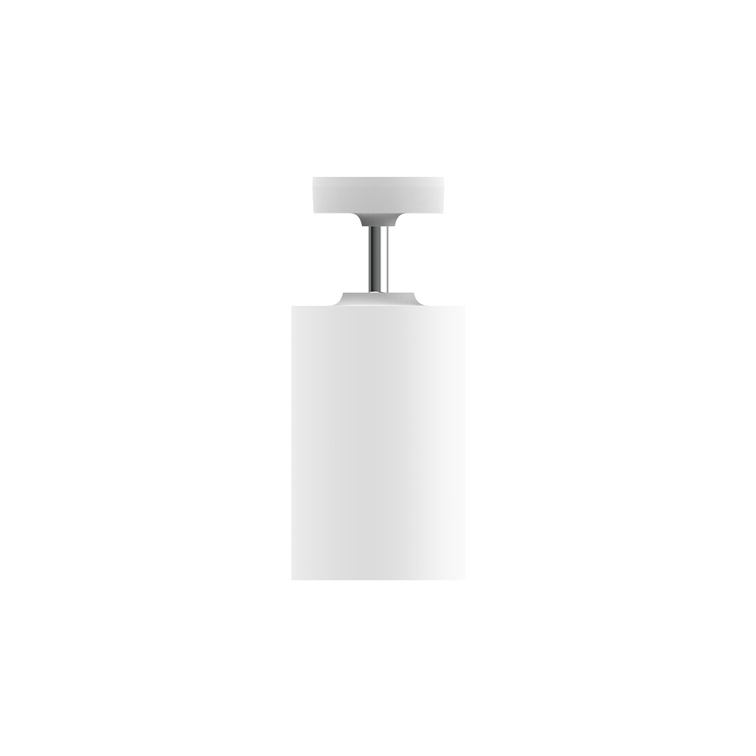 Una lampada cilindrica bianca è appesa su uno sfondo bianco. Ha uno stelo argentato e due elementi circolari bianchi.