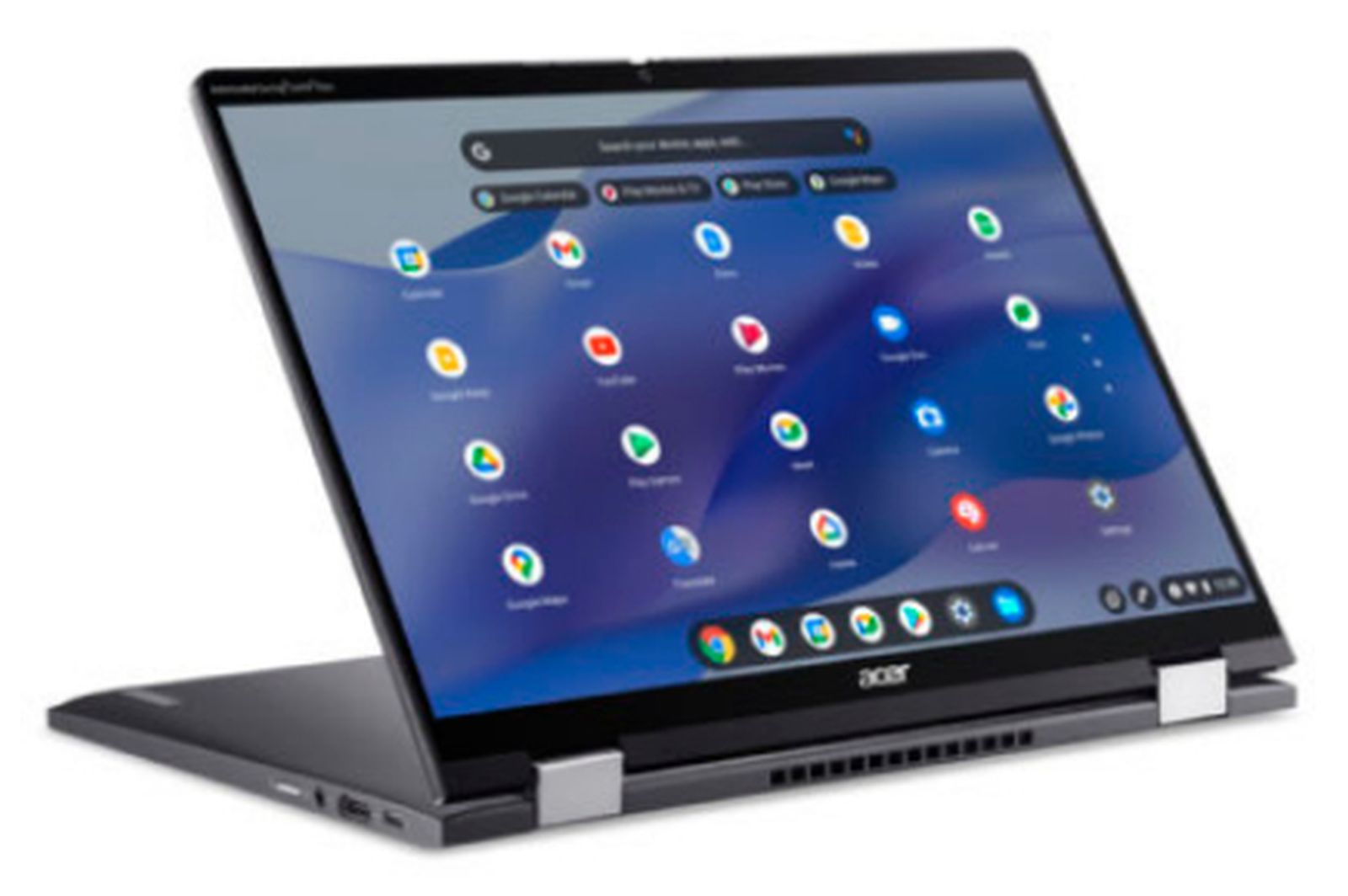 Laptop Acer Chromebook jest otwarty, wyświetlając ikony aplikacji na ekranie. Laptop jest szary z czarną ramką ekranu.