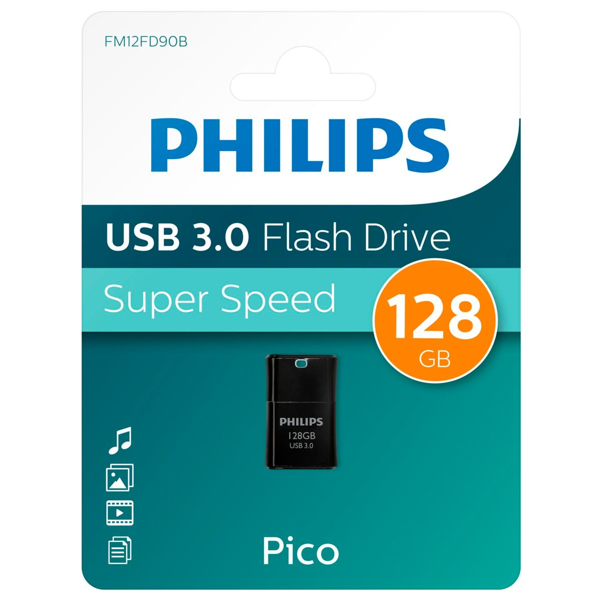 Opakowanie dysku flash USB 3.0 firmy Philips. Ma pomarańczowy okrąg o pojemności 128 GB i widoczny jest czarny dysk USB.