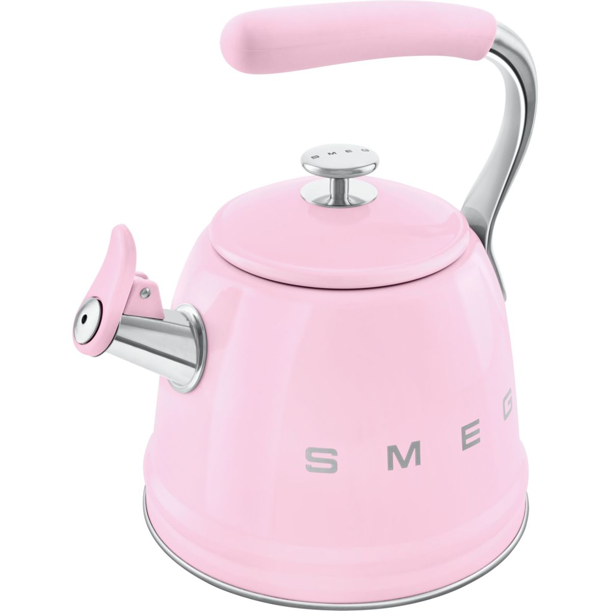 Ein rosa Smeg-Wasserkocher mit silbernem Griff und Ausguss. Griff und Deckel sind rosa. Der Ausguss hat einen Hebel und die Marke ist sichtbar.
