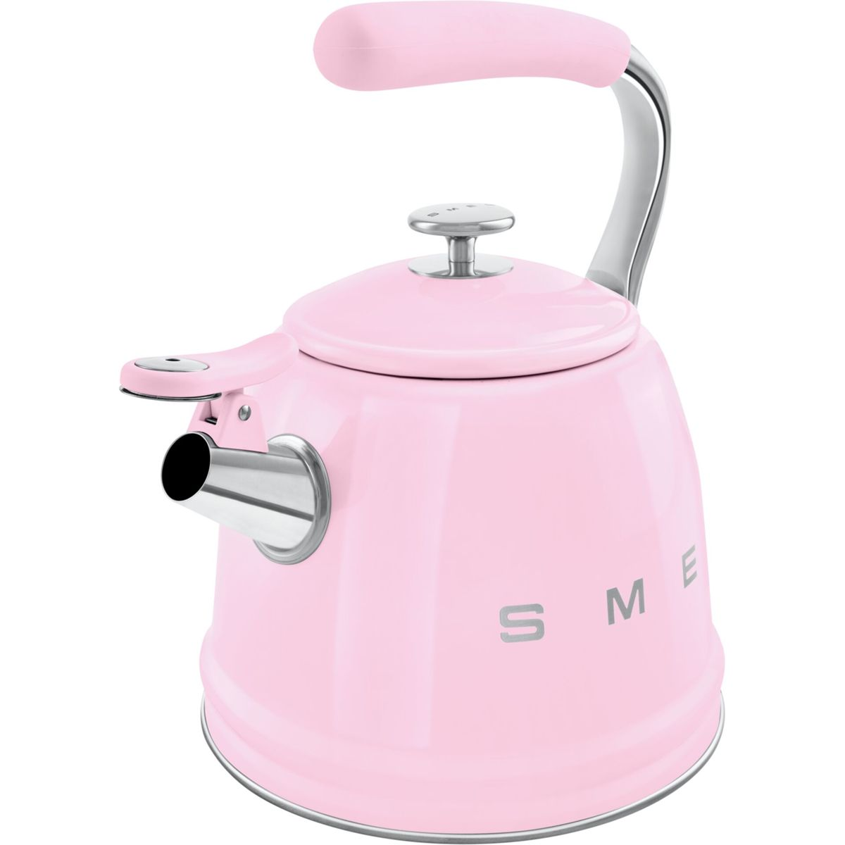 Rosa Smeg-Wasserkocher. Er hat einen gebogenen Griff, einen Ausguss und einen Deckel. Der Körper ist hellrosa mit den Buchstaben SME.