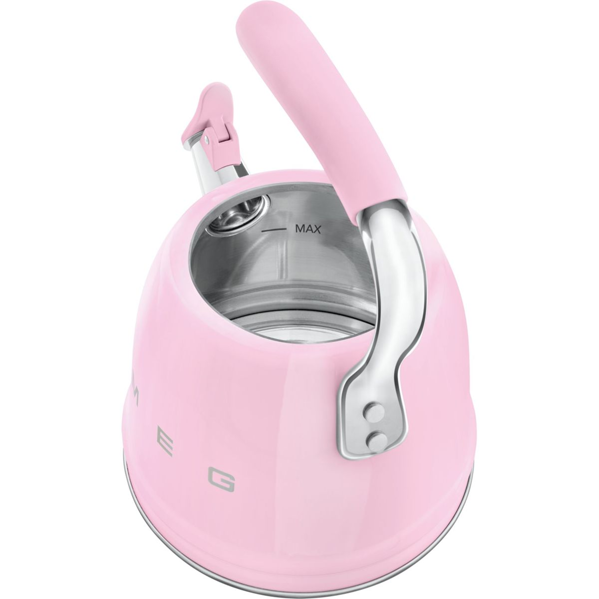 Ein rosa Wasserkocher mit silbernem Griff und Ausguss. Der Griff ist hochgeklappt. Das Wort 'MAX' ist innen sichtbar.