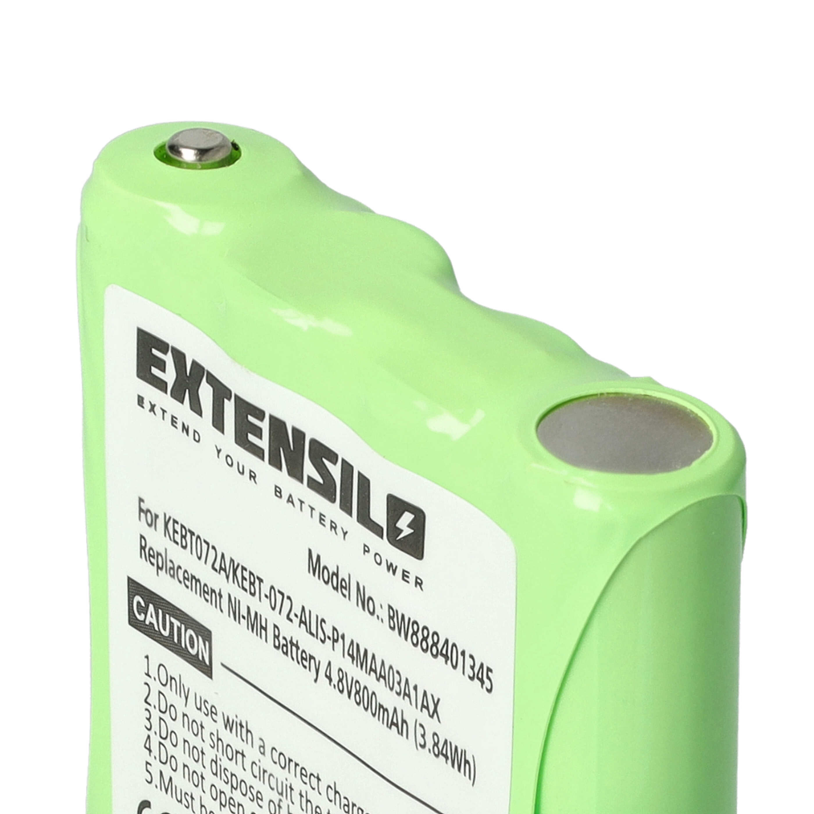 Eine grüne Batterie mit Text, einem silbernen Knopf und einem Warnhinweis ist sichtbar.