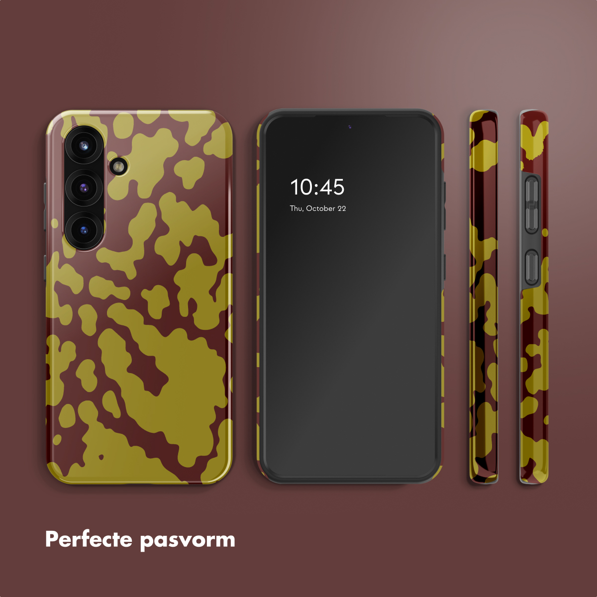 Custodia per telefono con motivo mimetico, esposta con un telefono che mostra l'ora. Colori marrone e giallo. Scritto vestibilità perfetta.