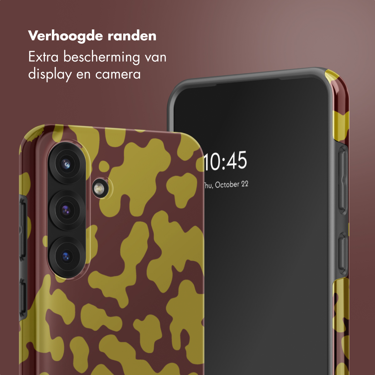 Due telefoni con custodie decorate. Uno ha un motivo mimetico marrone e giallo. L'altro ha uno schermo nero che mostra l'ora.