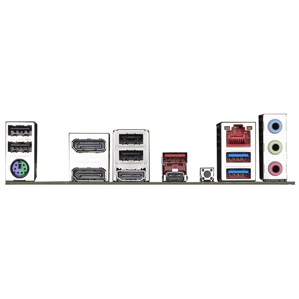 Pannello posteriore di scheda madre con porte USB, HDMI, audio e rete. Sfondo bianco.