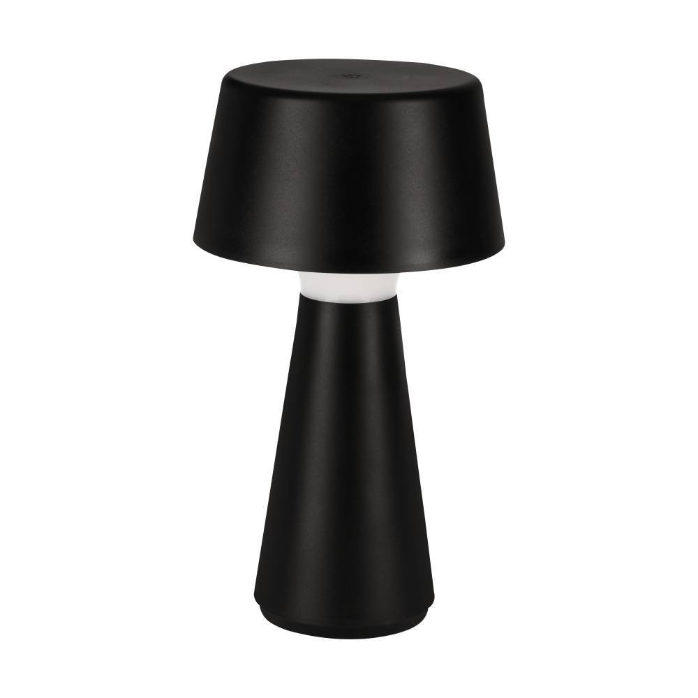 Eine moderne schwarze Lampe mit konischem Sockel, weißem Mittelteil und Lampenschirm. Es ist ein schlichtes Design.