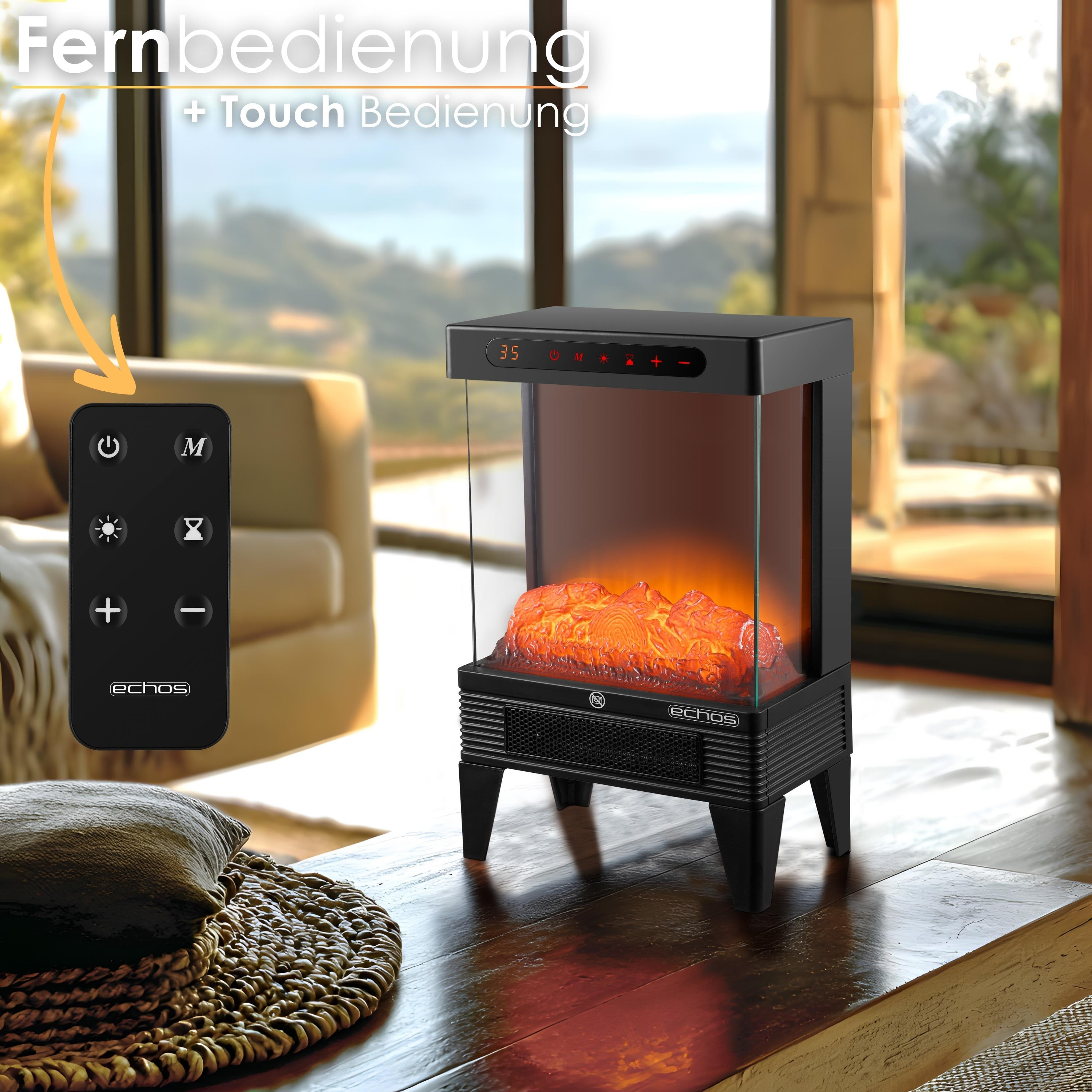 Ein schwarzer Elektrokamin mit Fernbedienung auf einem Holztisch, mit einem Hut.