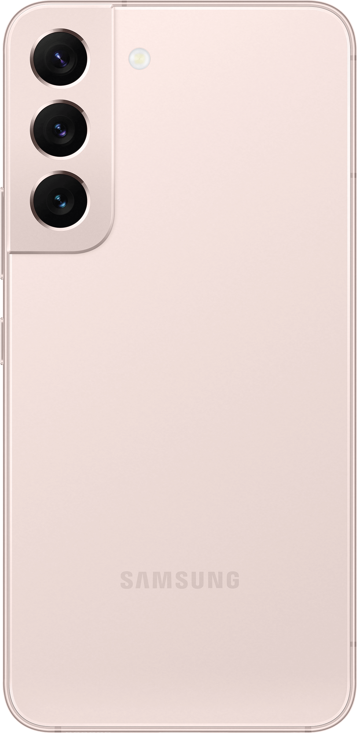 Achterkant van een lichtroze Samsung-telefoon. Het heeft drie cameralenzen en een flitser linksboven. Het Samsung-logo staat onderaan.