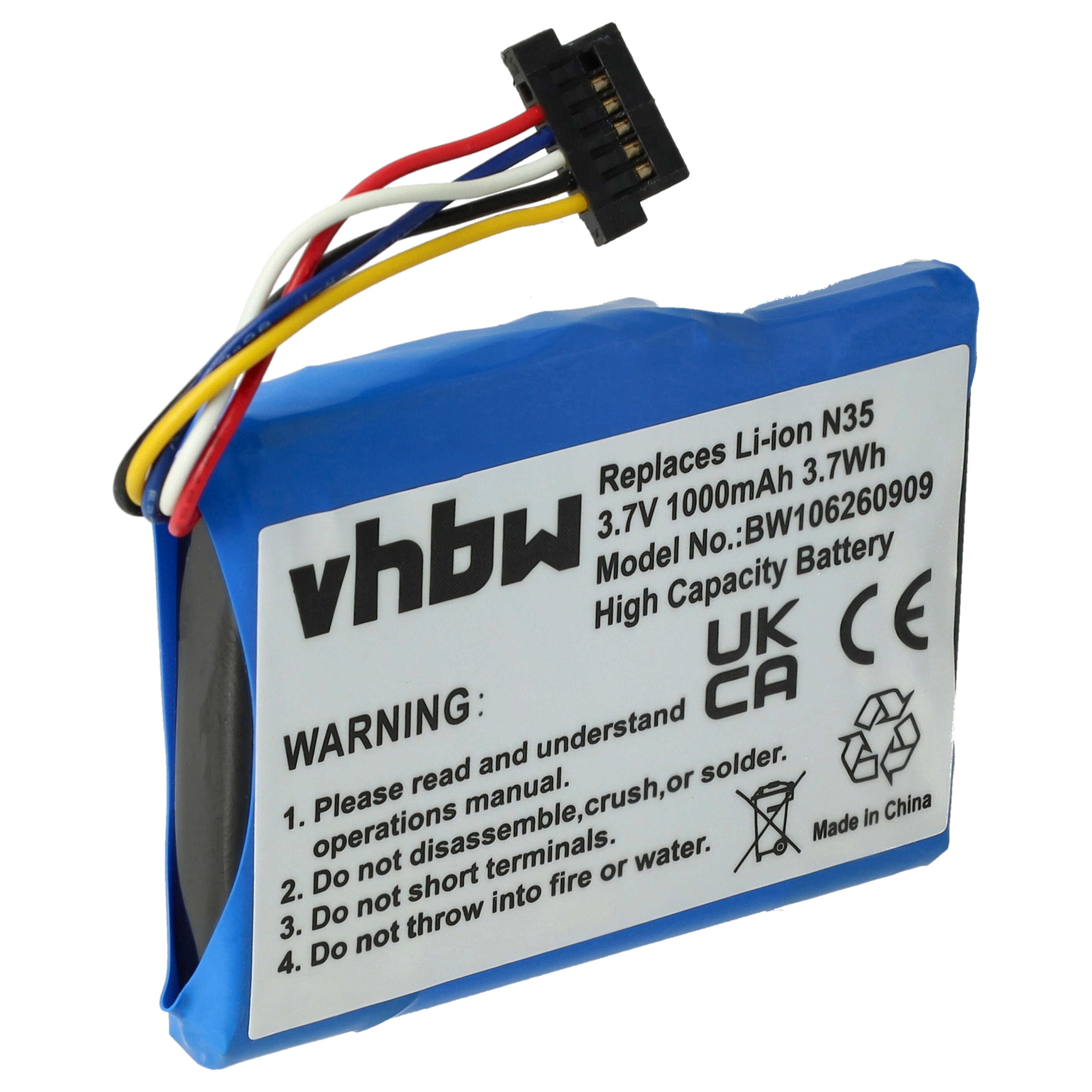 Blauer Akku mit schwarzem Stecker und mehrfarbigen Drähten. Text auf dem Akku weist auf Warnungen und Spezifikationen hin.