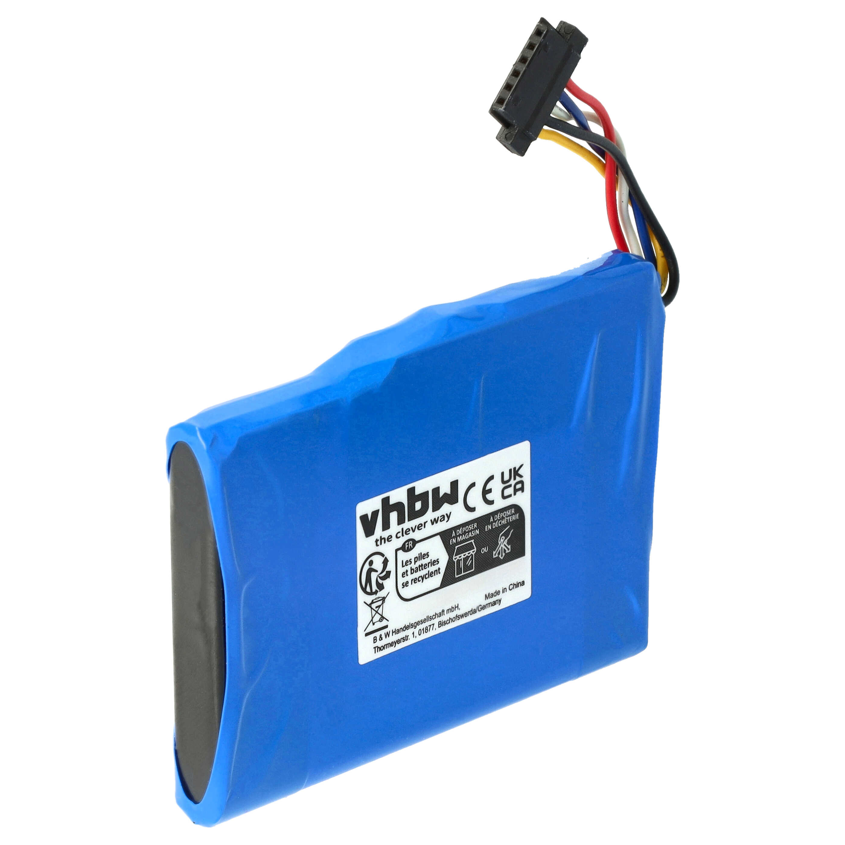 Ein blaues Batteriepack mit schwarzem Stecker und farbigen Drähten, enthält ein Etikett mit Recyclingsymbolen.