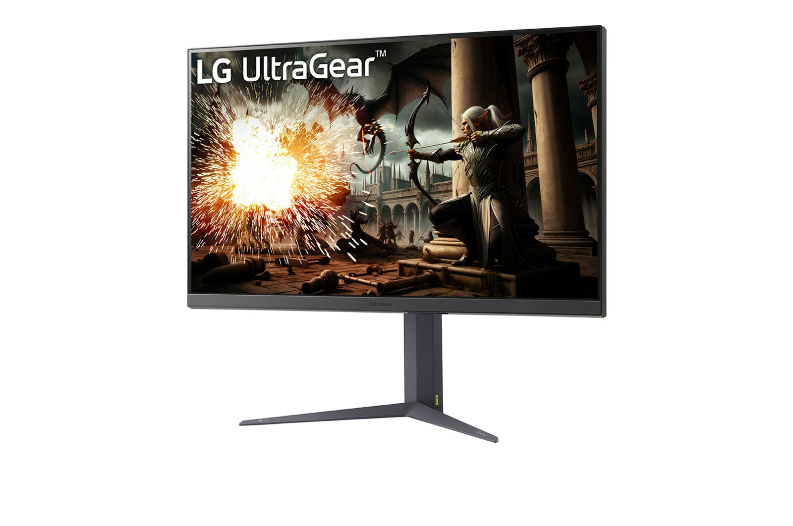Le moniteur LG UltraGear affiche une scène fantastique d'un archer qui vise. Explosions et un dragon en arrière-plan, avec un fond blanc.