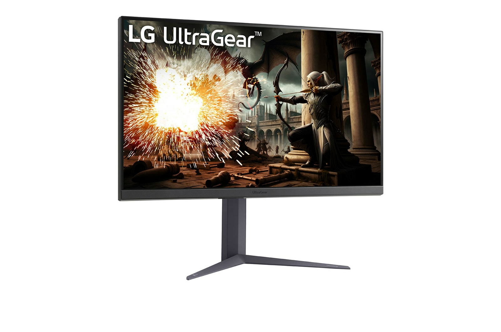 Le moniteur LG UltraGear affiche une scène fantastique : un archer, un dragon et une explosion sur fond sombre.