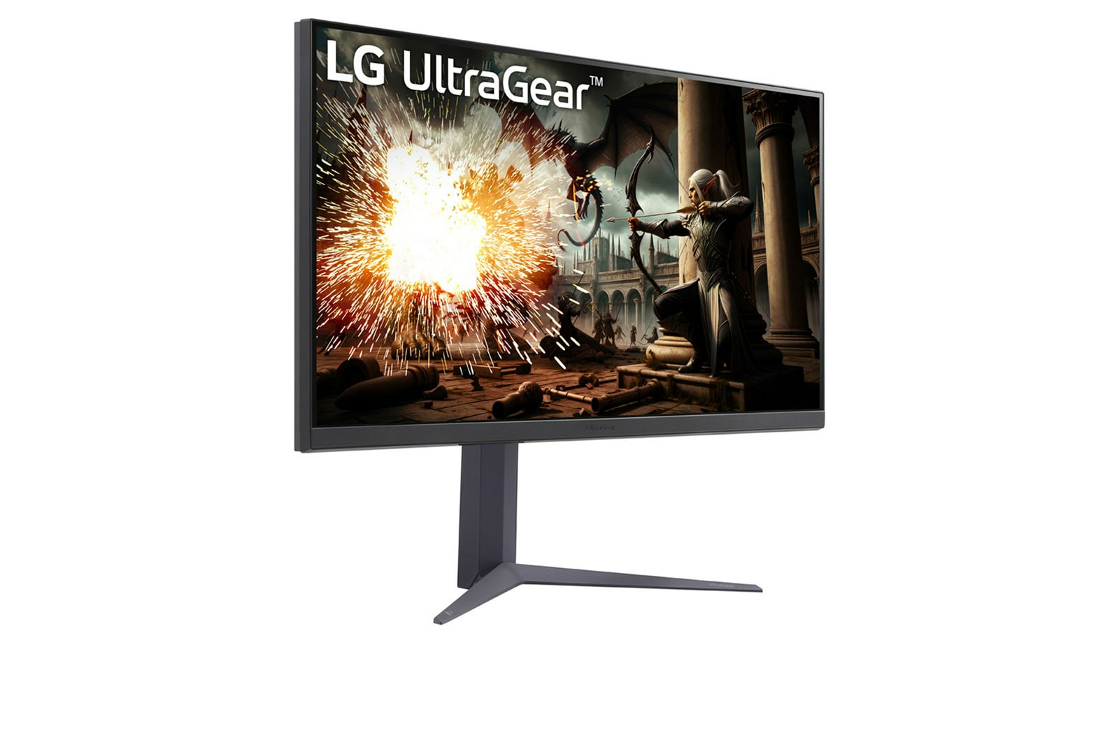 Moniteur LG UltraGear. L'écran montre un archer visant un dragon, explosion en arrière-plan. Pied et cadre gris.