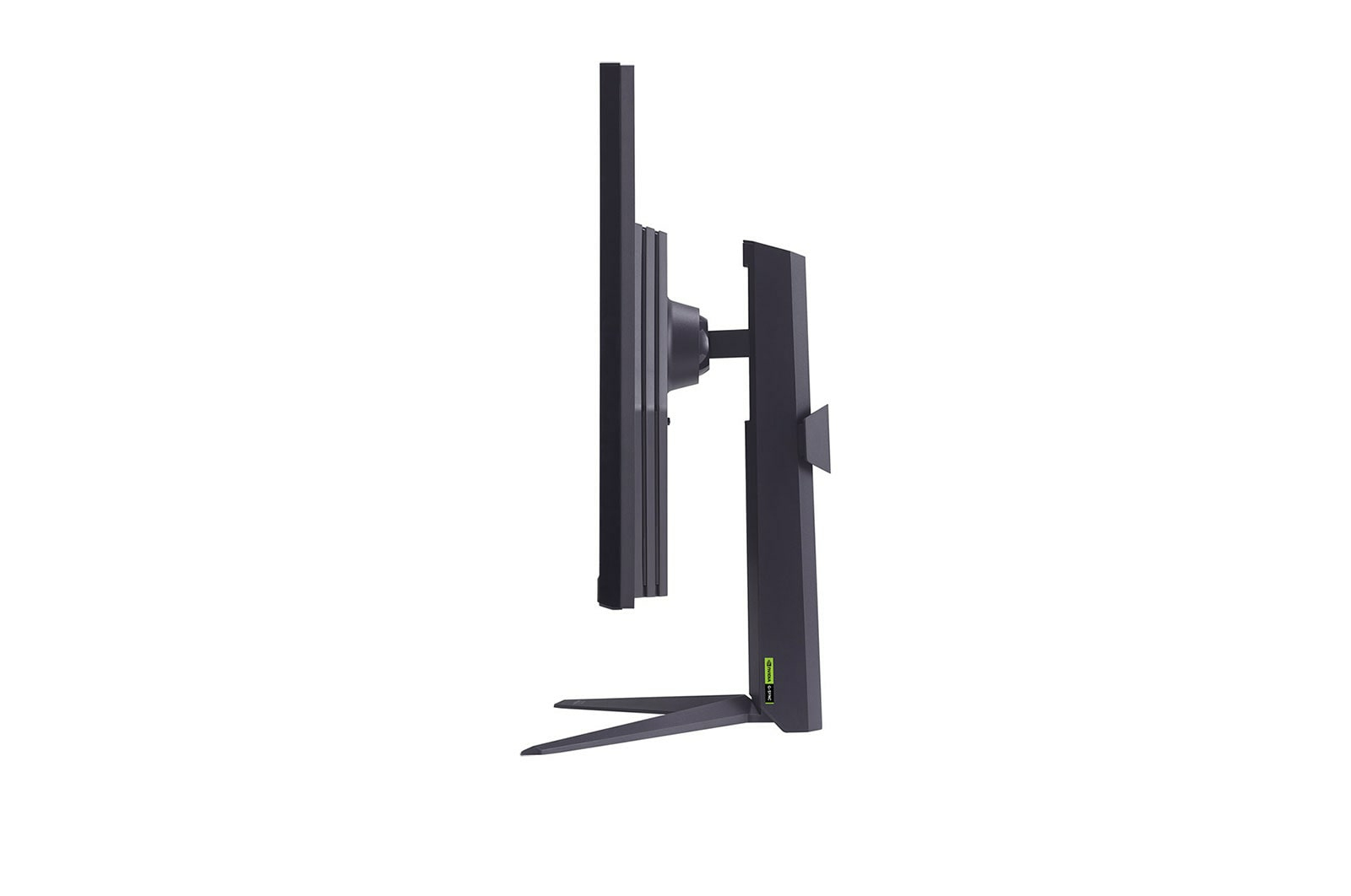 Vue latérale d'un écran d'ordinateur noir. Le moniteur est sur fond blanc et possède un support.