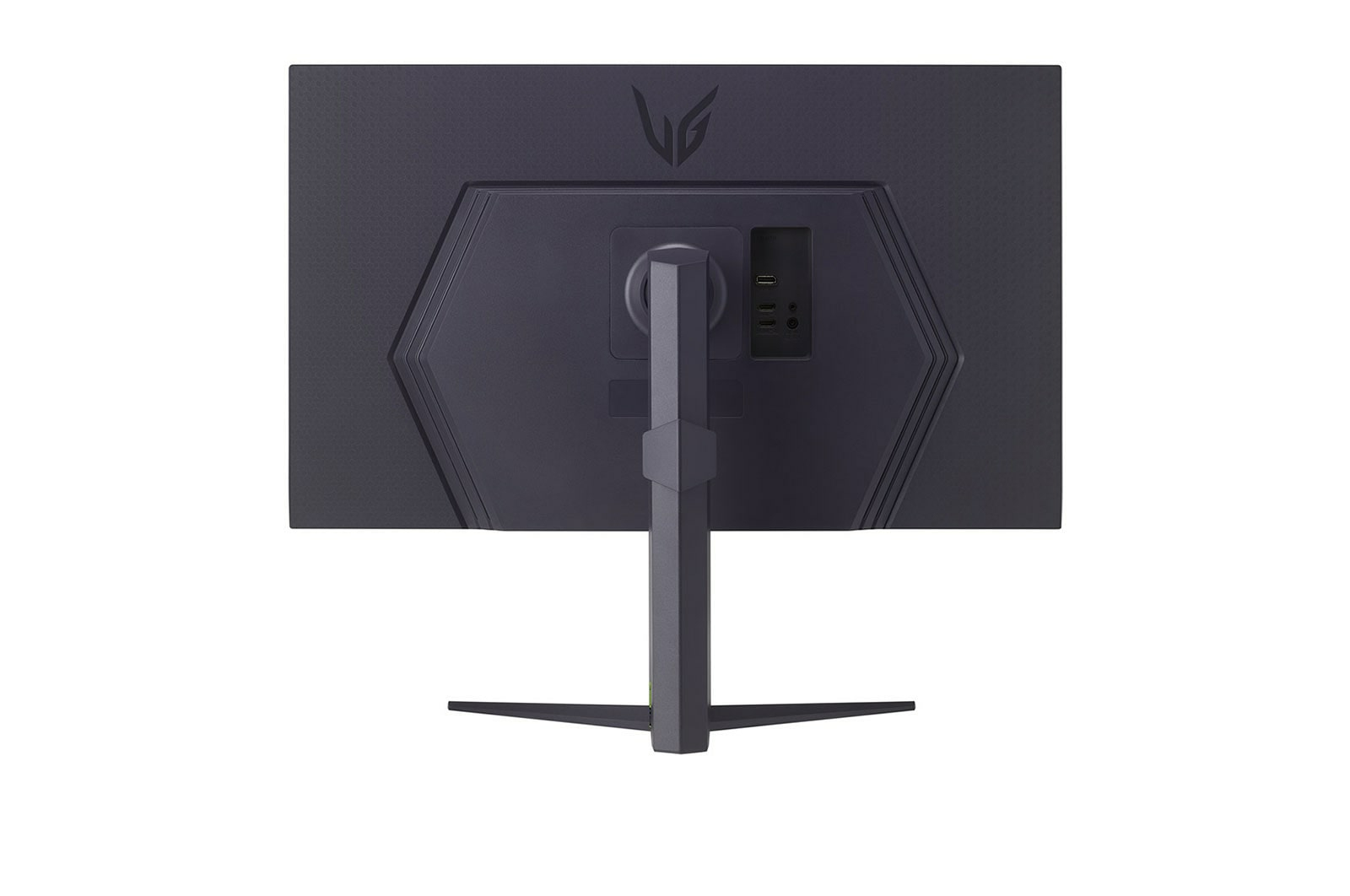 Vue arrière d'un moniteur LG gris foncé. Il possède un pied et des ports. Le logo LG est en haut. Le fond est blanc.