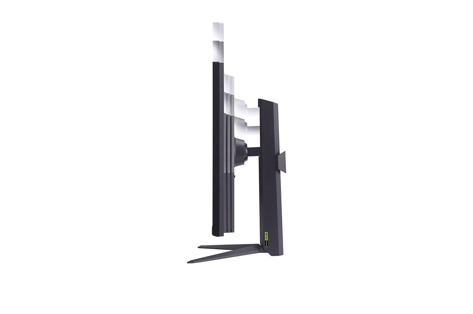 Vue latérale d'un écran d'ordinateur noir, avec un pied. L'écran est fin, et le pied est incliné.