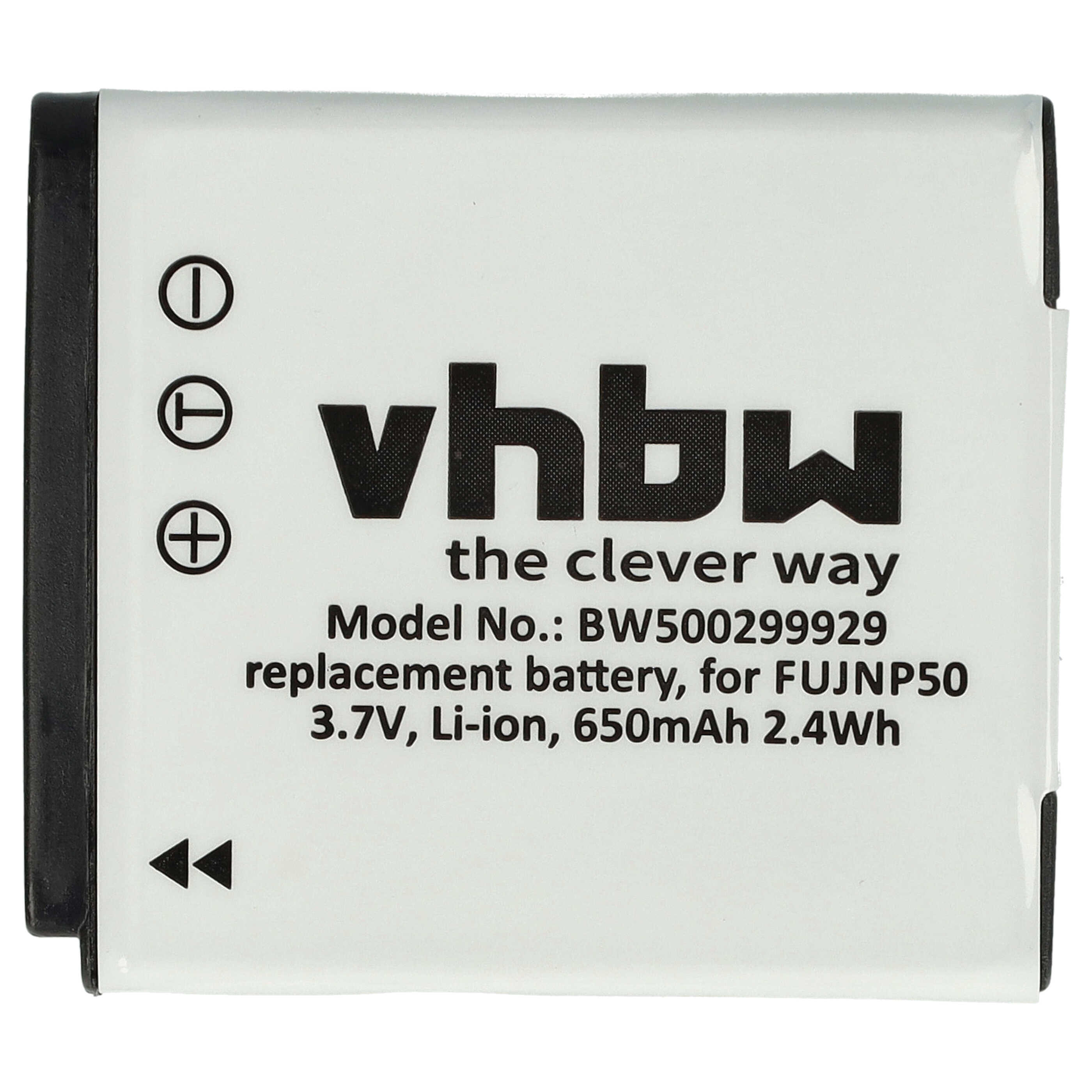 Ein weißer Akku mit schwarzem Text, Marke vhbw, Modell BW500299929 für FUJNP50. Hat Spannung, Li-Ion und andere Spezifikationen.