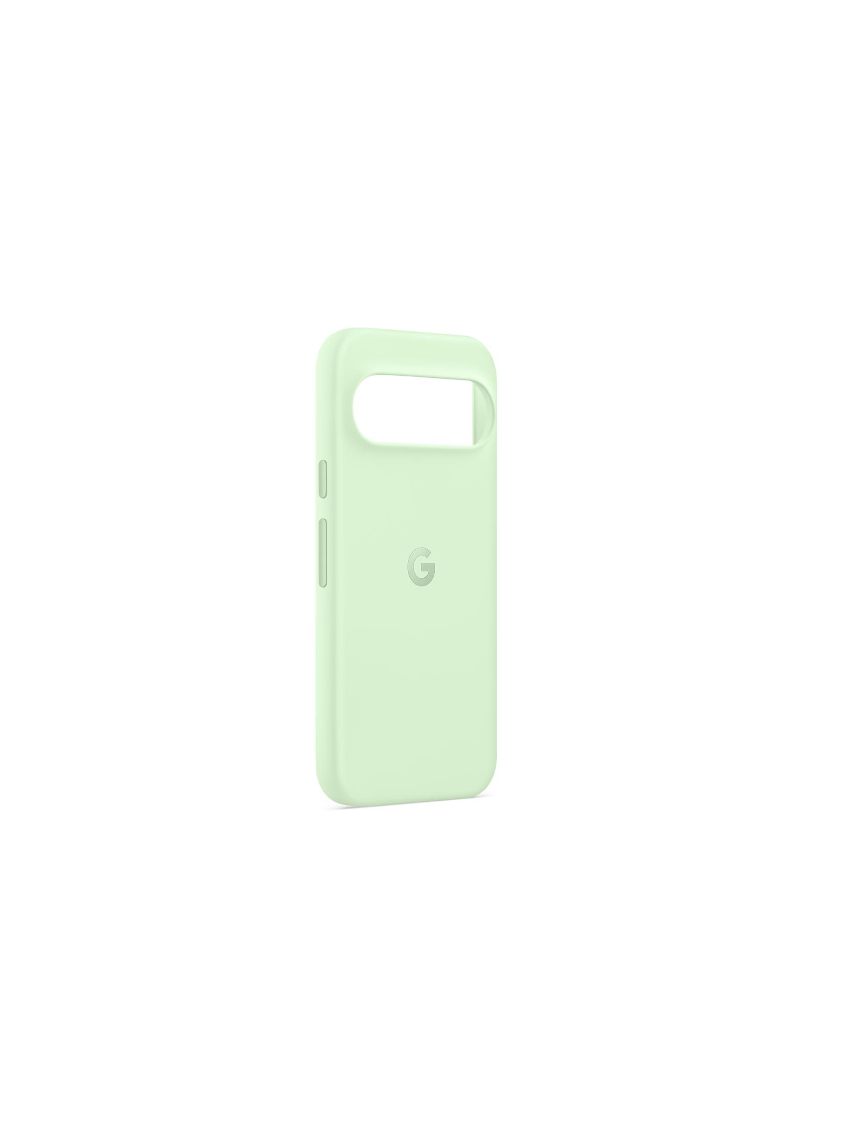 Une coque de téléphone vert clair avec une découpe pour l'appareil photo et le logo Google sur fond blanc.