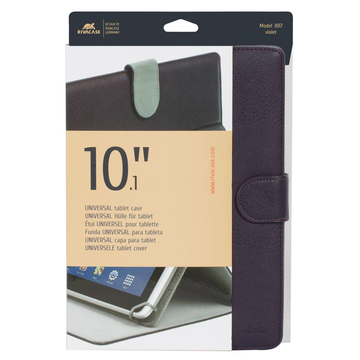 Una custodia viola per tablet, con etichetta da 10 pollici, chiusura verde e schermo del tablet parzialmente visibile.