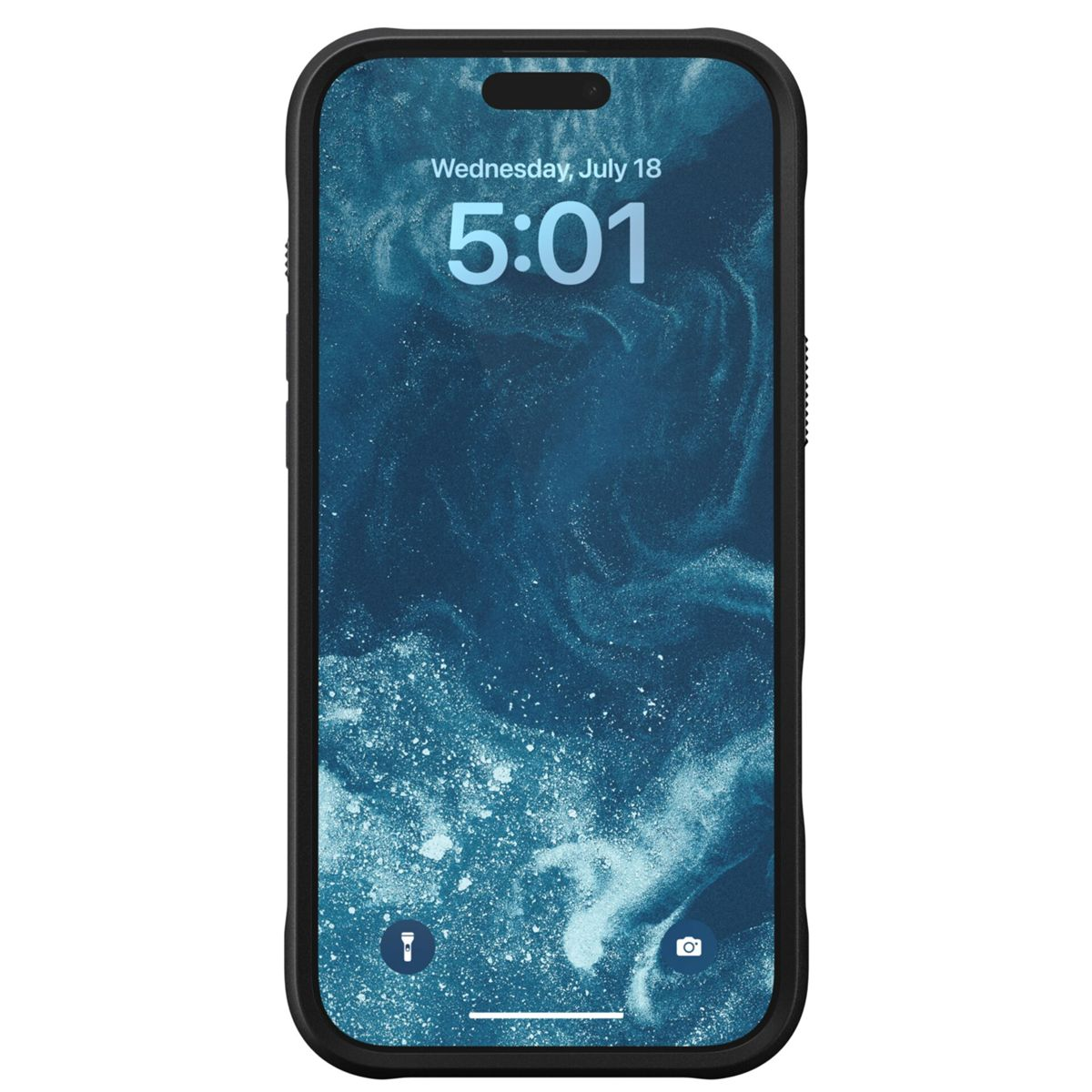 Schermo di smartphone che mostra uno sfondo blu astratto con l'ora e la data. Il telefono è in una custodia nera.