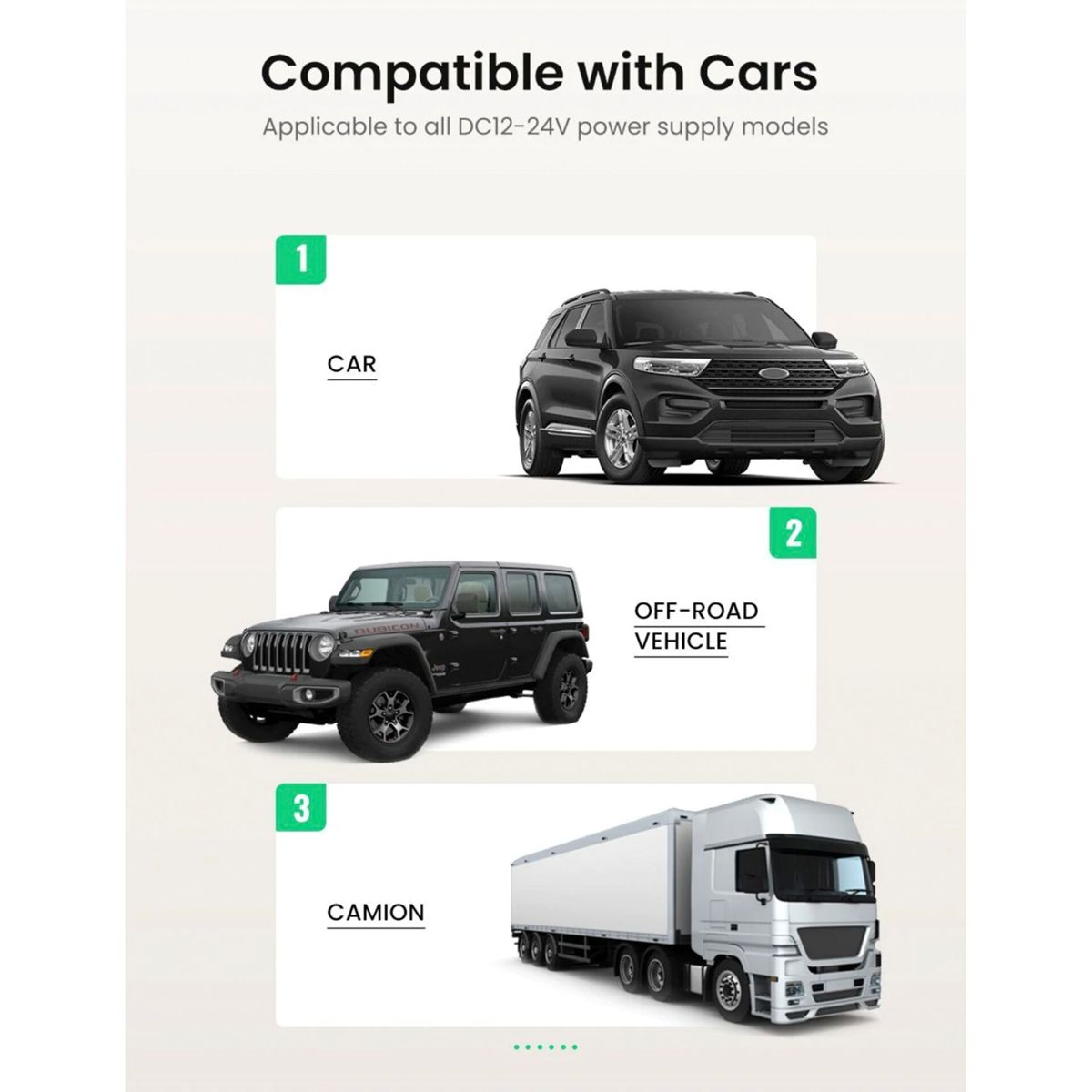 Obraz przedstawia trzy pojazdy: czarny SUV, czarny Jeep terenowy i białą ciężarówkę, oznaczone jako kompatybilne z samochodami.