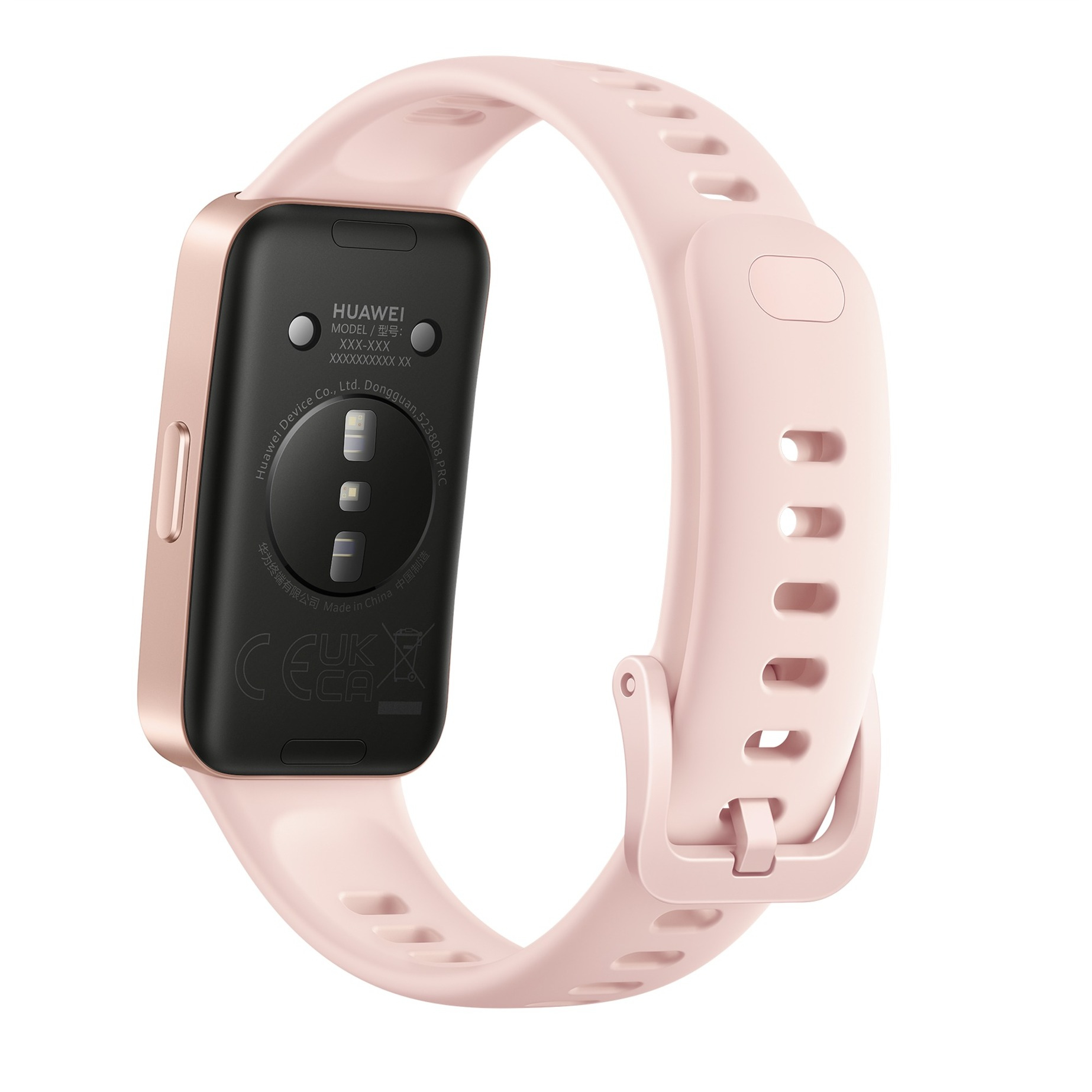 Eine rosa Huawei-Smartwatch mit schwarzem Bildschirm und passendem rosa Armband, isoliert auf weißem Hintergrund.