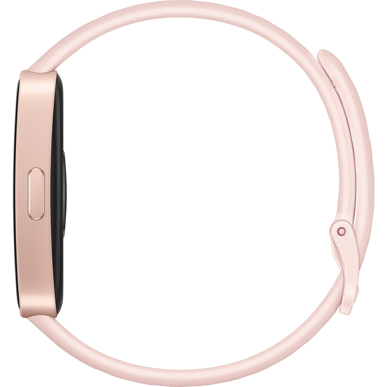 Seitenansicht einer roségoldenen Smartwatch mit pinkfarbenem Armband. Das Zifferblatt ist schwarz.