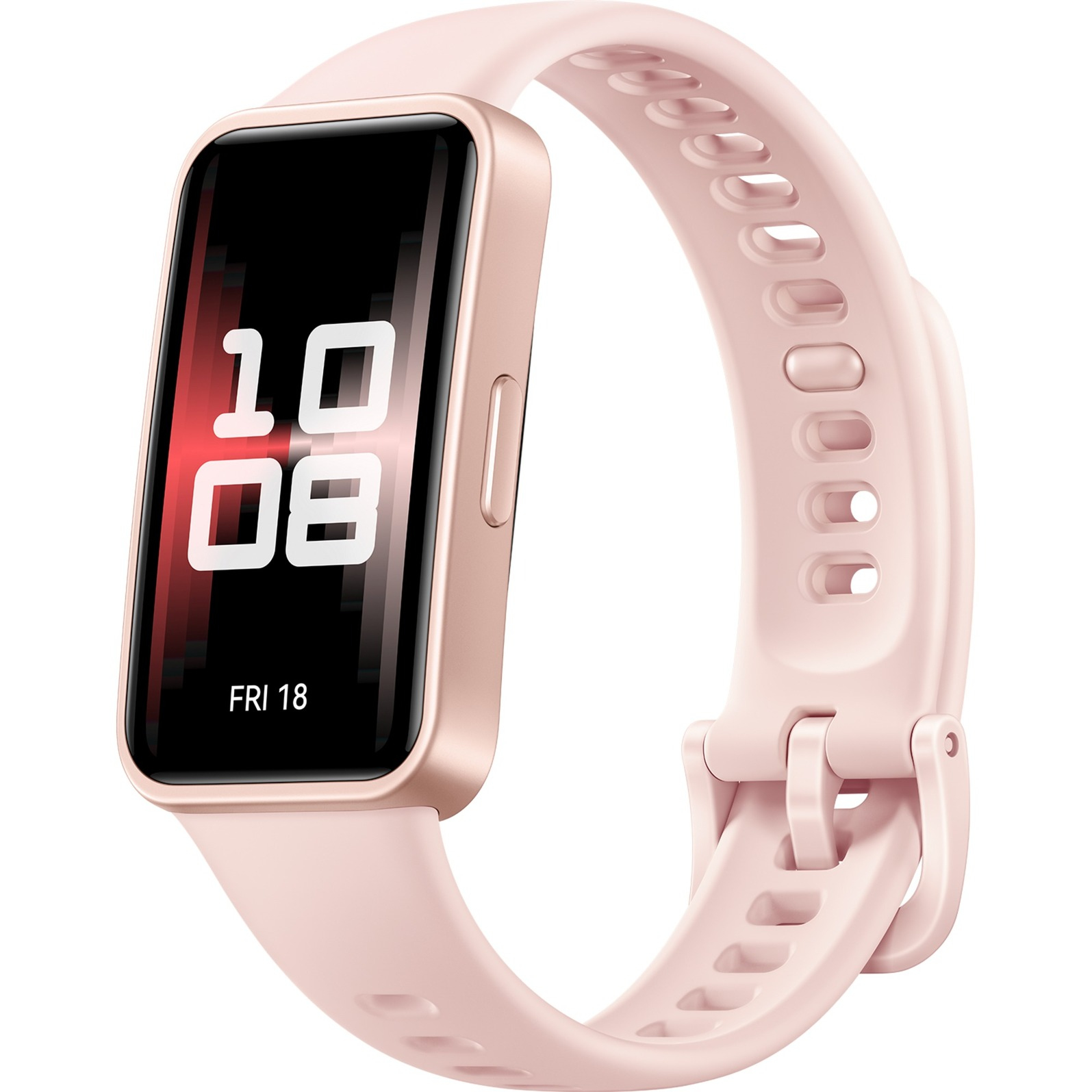 Eine rosa Smartwatch zeigt am Freitag, dem 18., 10:08 Uhr an. Die Uhr hat einen roségoldenen Rahmen und ein rosa Armband.