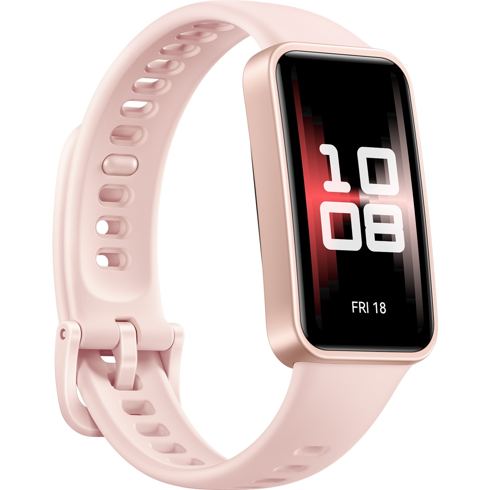 Eine pinkfarbene Smartwatch zeigt Datum und Uhrzeit an. Das Band ist pink, der Bildschirm zeigt 10:08 und Freitag, 18.