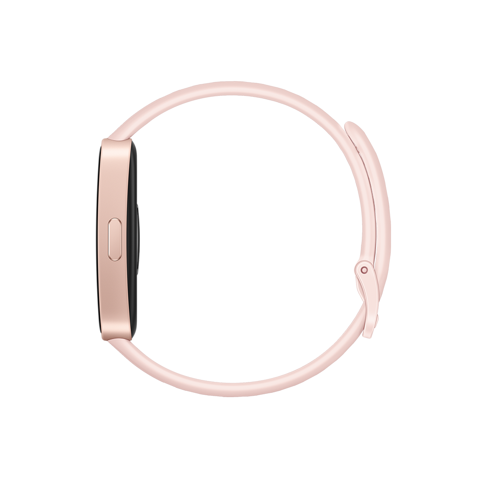 Eine hellrosa Smartwatch wird von der Seite gezeigt. Das Band wölbt sich herum, mit einem Verschluss auf der rechten Seite.