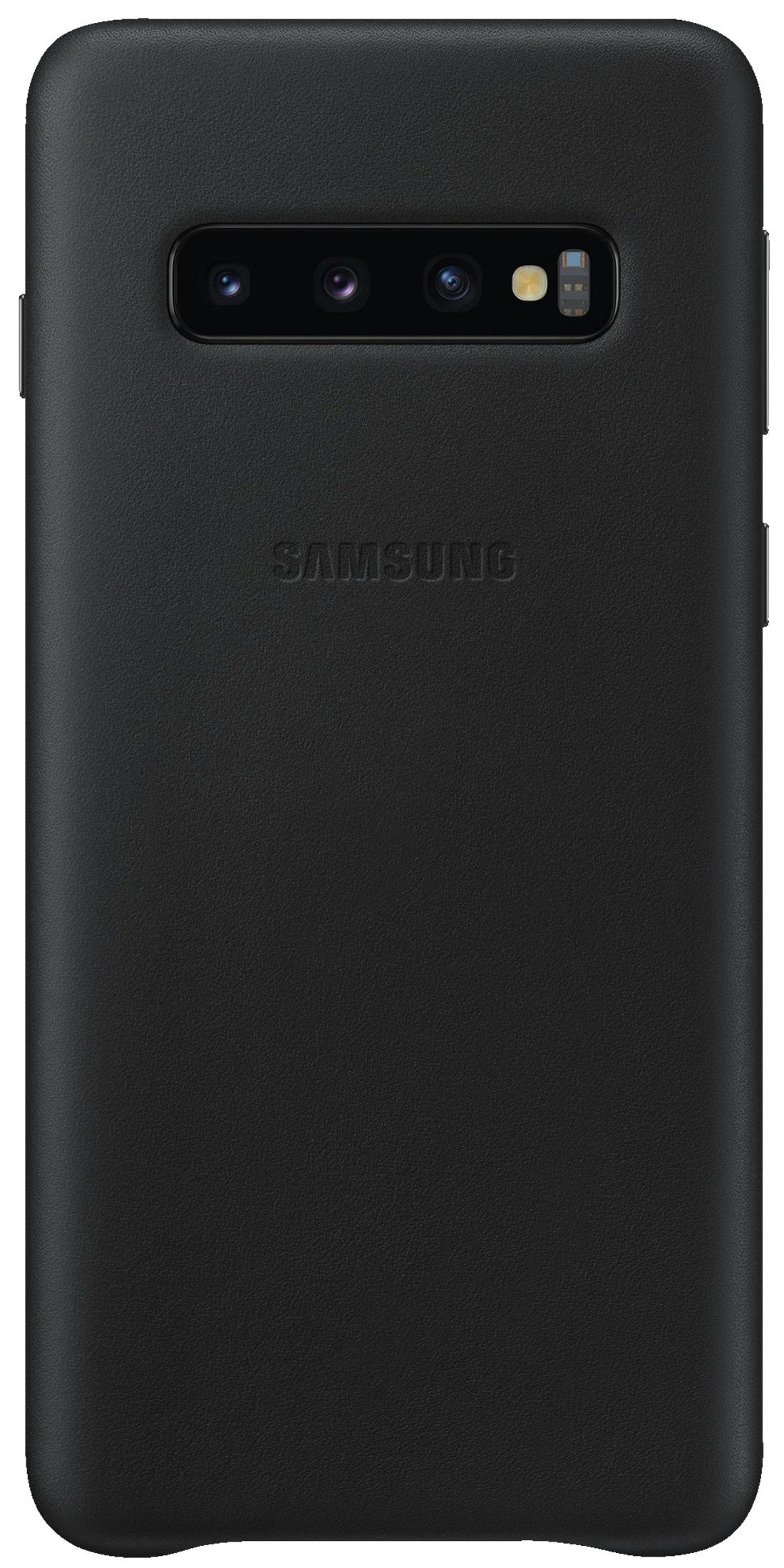 Une coque de téléphone Samsung noire. Le logo Samsung est en relief. Les lentilles de la caméra sont visibles.