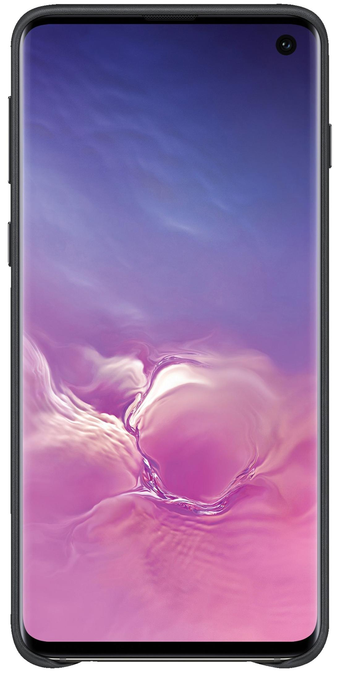 Un smartphone affiche un motif en forme de nuage violet et blanc. Le téléphone a un étui noir avec caméra.